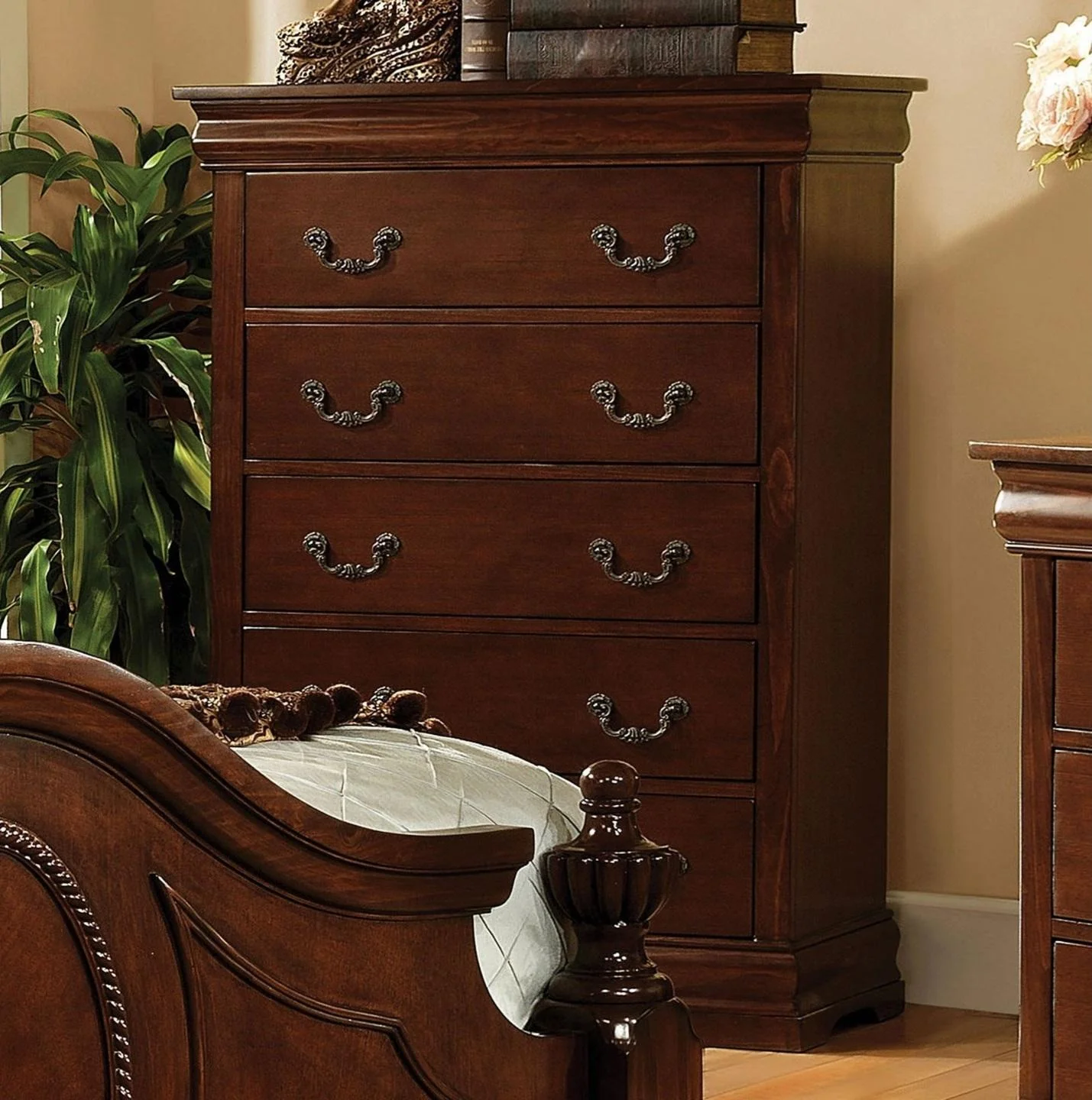 Traditional Brown Cherry Solid Wood Queen Bedroom Set 6pcs FOA CM7952-Q Velda