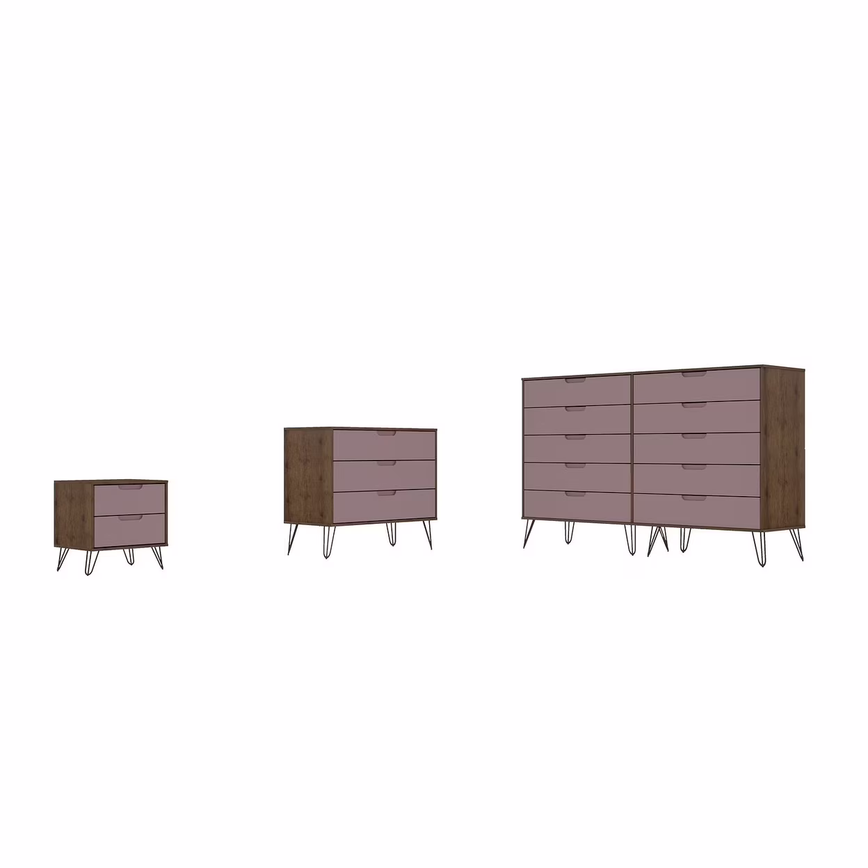 Manhattan Comfort Rockefeller 3 Piece Bedroom Set Tall Wide 10-Drawer Dresser, Standard 3- Drawer Dresser and 2-Drawer Nightstand in Nature and Rose Pink