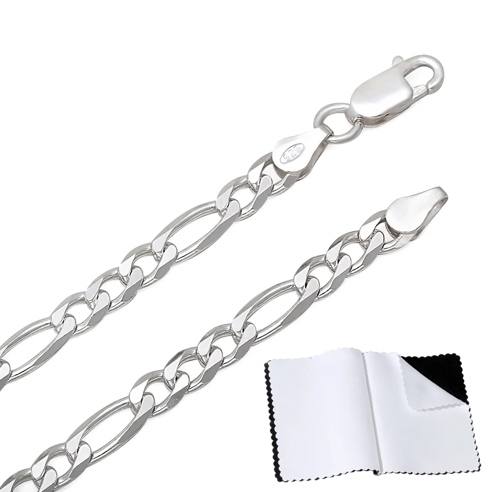 4.9mm Solid .925 Sterling Silver Flat Figaro Chain Necklace, 26 inches