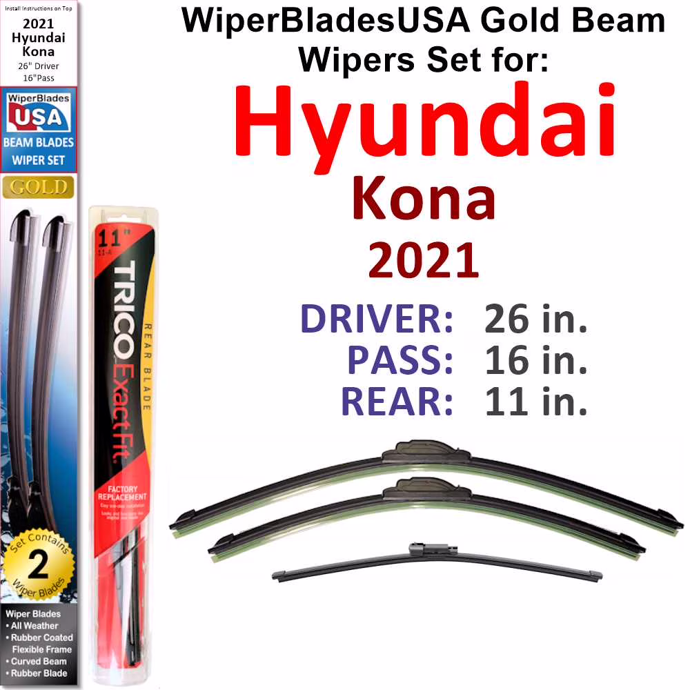 2021 Hyundai Kona compatible Beam Wiper Blades Wipers WBUSA (Set of 3) w/Rear Wiper