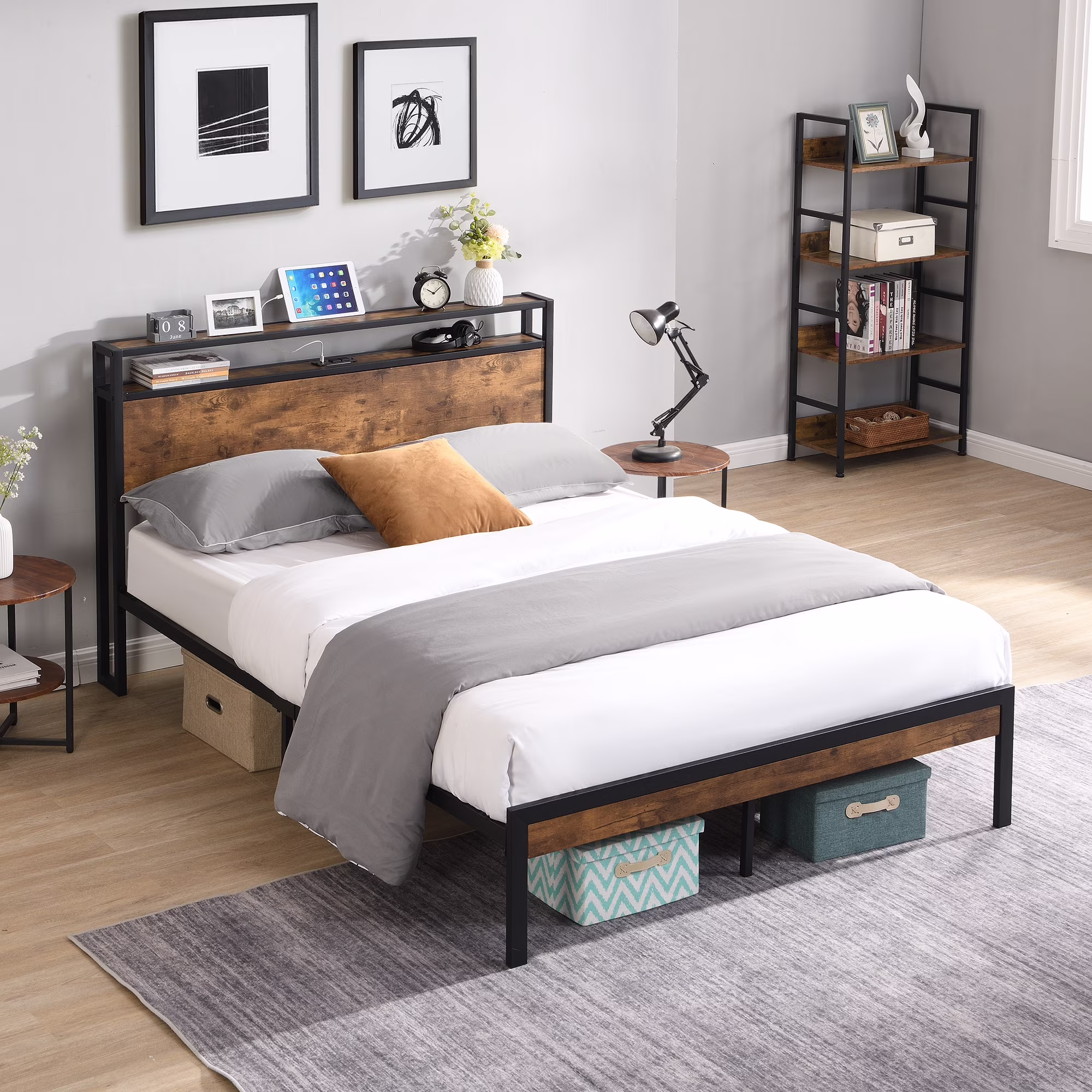 CoSoTower Full Size Metal Platform Bed Frame with Wooden Headboard and Footboard with USB Liner, No Box Spring Needed, Large Under Bed Storage, Easy Assemble