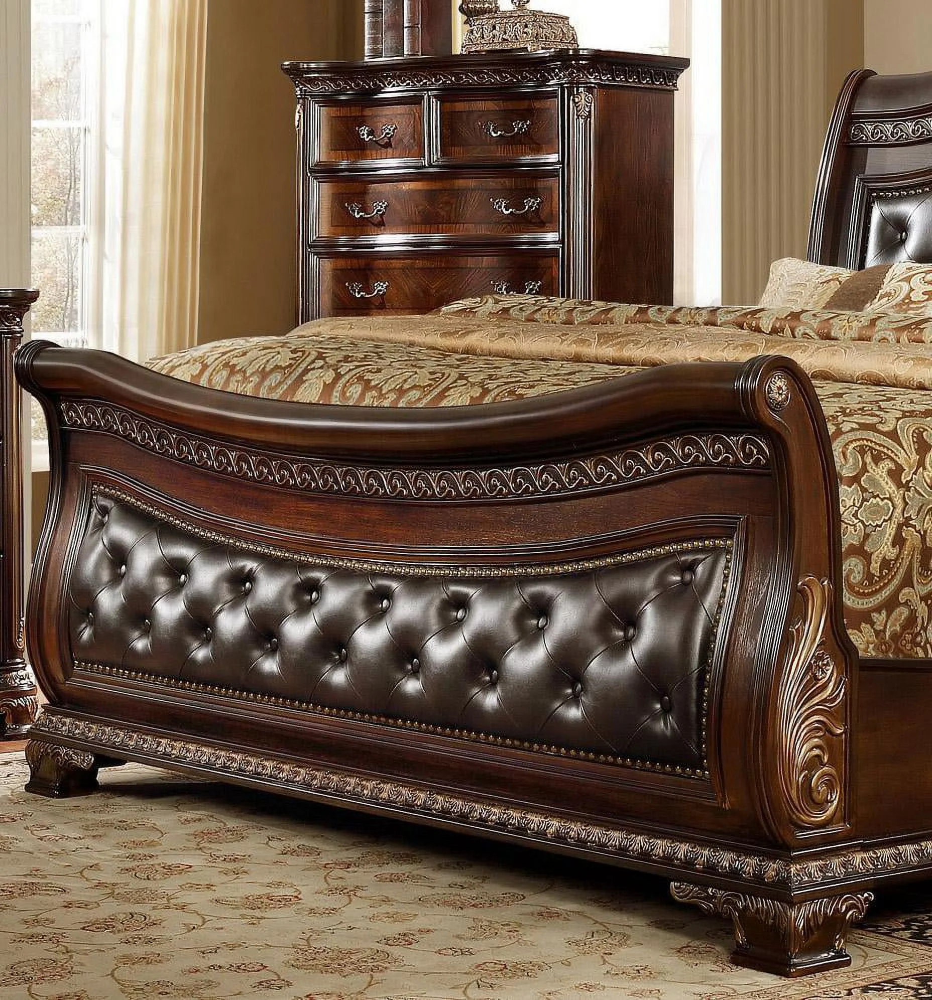 Leather Headboard Sleigh King Size Bedroom Set 3Pcs McFerran B9588 Cherry