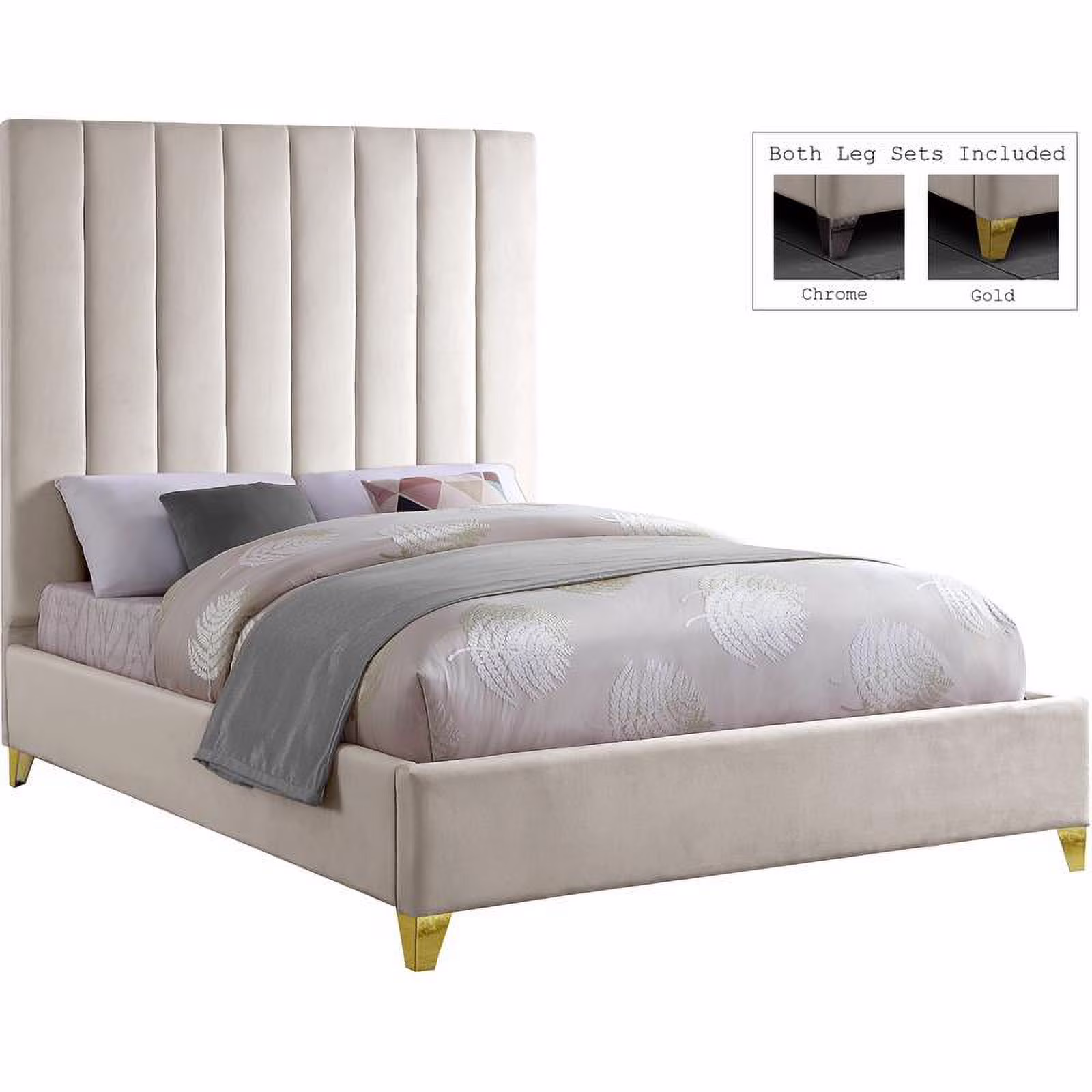 Meridian Furniture Via Rich Velvet Queen Bed in Cream