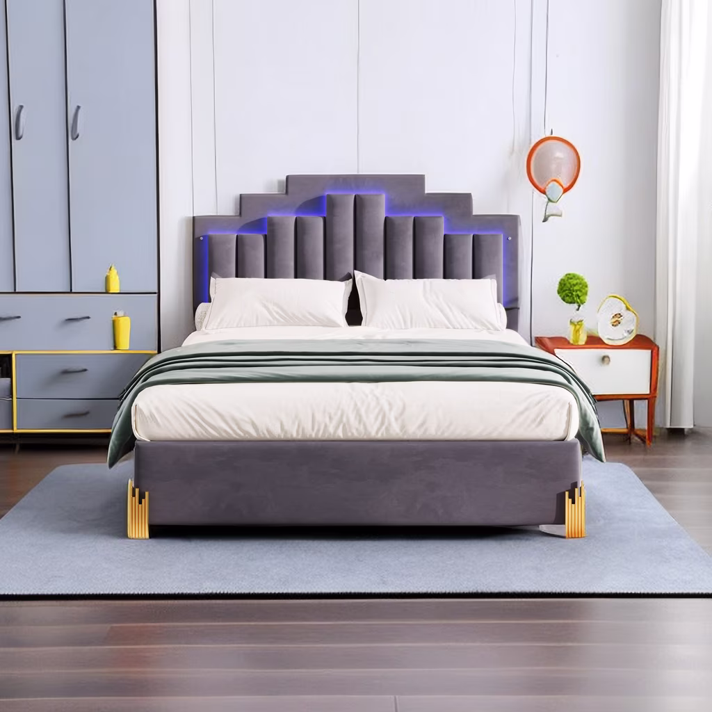 Queen Size Platform Bed with LED Lights,Velvet Upholstered Platform Bed Frame with 4 Drawers and Stylish Irregular Metal Bed Legs Design