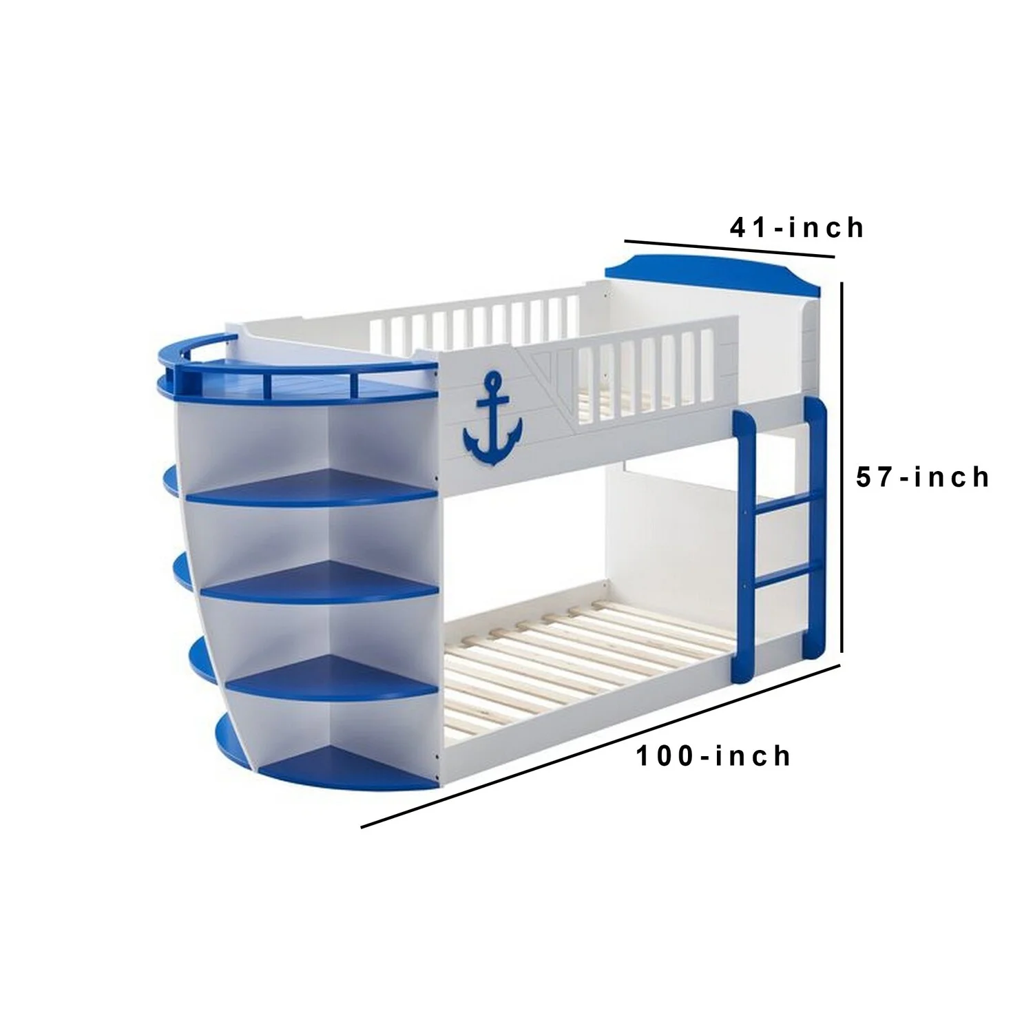 Benjara Twin over Twin Bunk Bed with 9 Shelves and Nautical Design, White and Blue