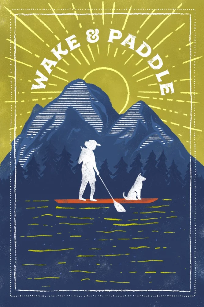 Lake Life Series, Wake And Paddle, Landscape With Mountain (12x18 Wall Art Poster, Room Decor)