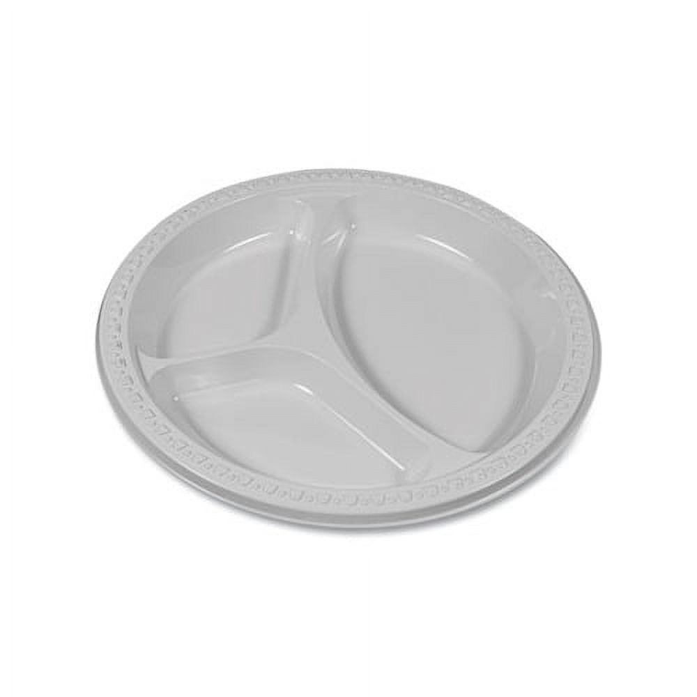 Plastic Dinnerware Compartment Plates, 9" dia, White, 125/Pack