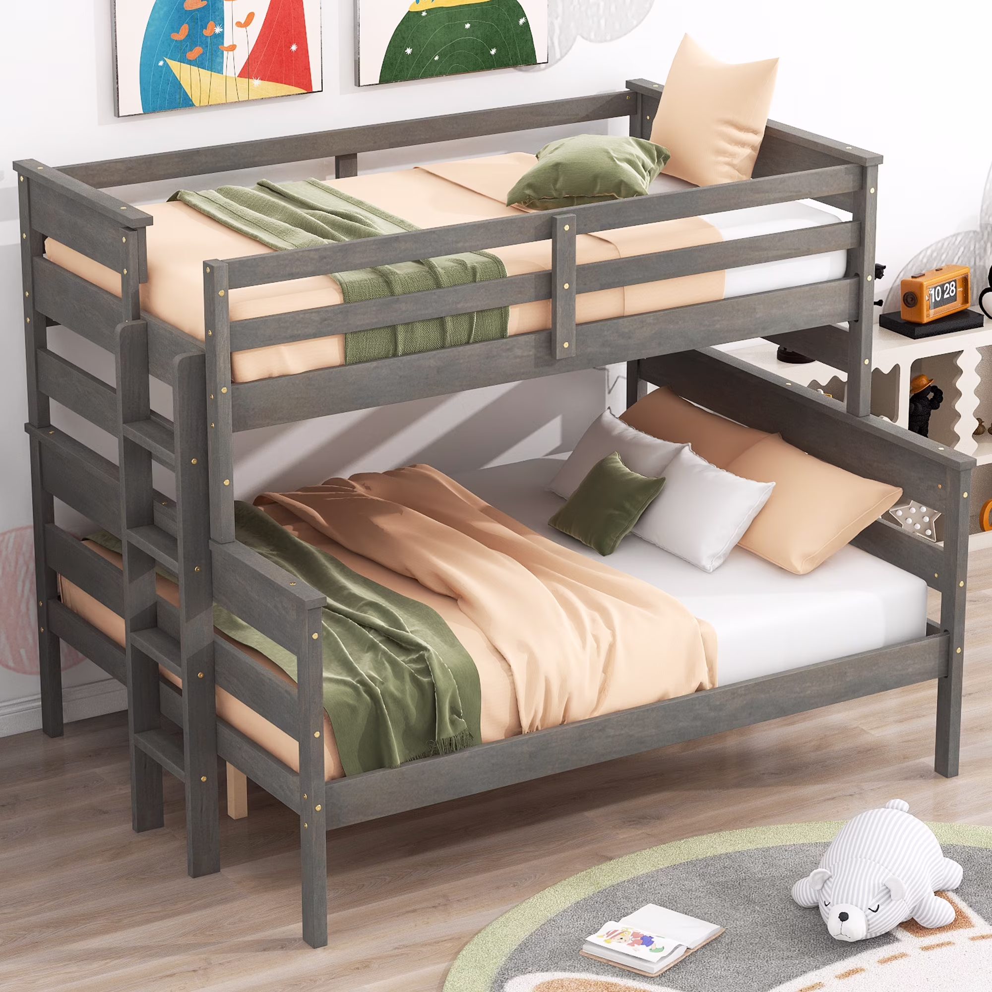 EUROCO Twin over Full Bunk Bed, Convertible 2 Beds for Kids Teens Adults with Ladder, Gray