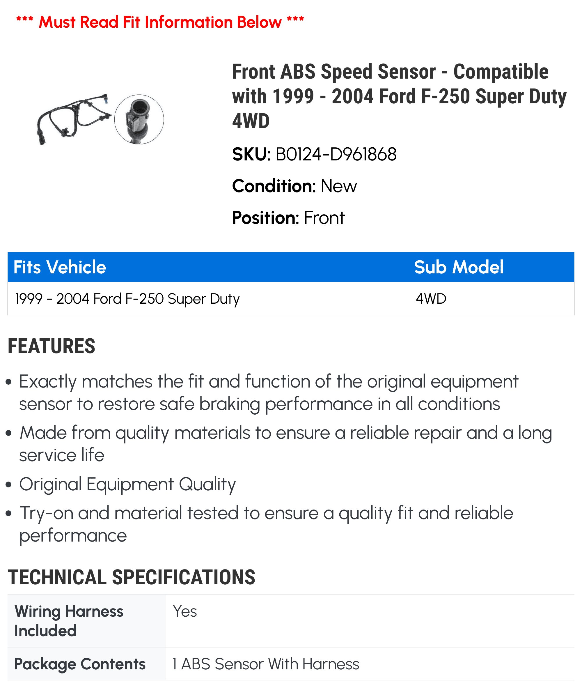 Front ABS Speed Sensor - Compatible with 1999 - 2004 Ford F-250 Super Duty 4WD 2000 2001 2002 2003