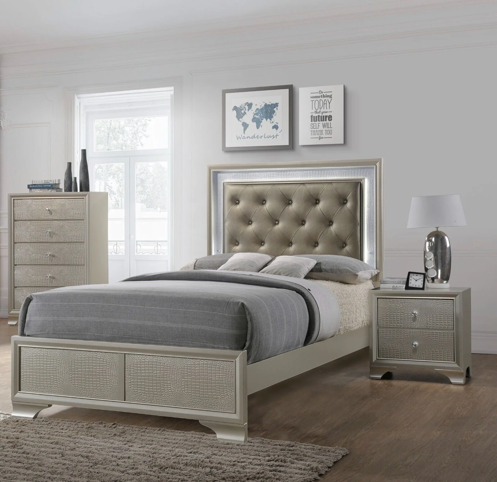 Modern 3pc Twin Size Upholstered LED Backlit HB Panel Bed Chest Nightstand Set Bedroom Furniture