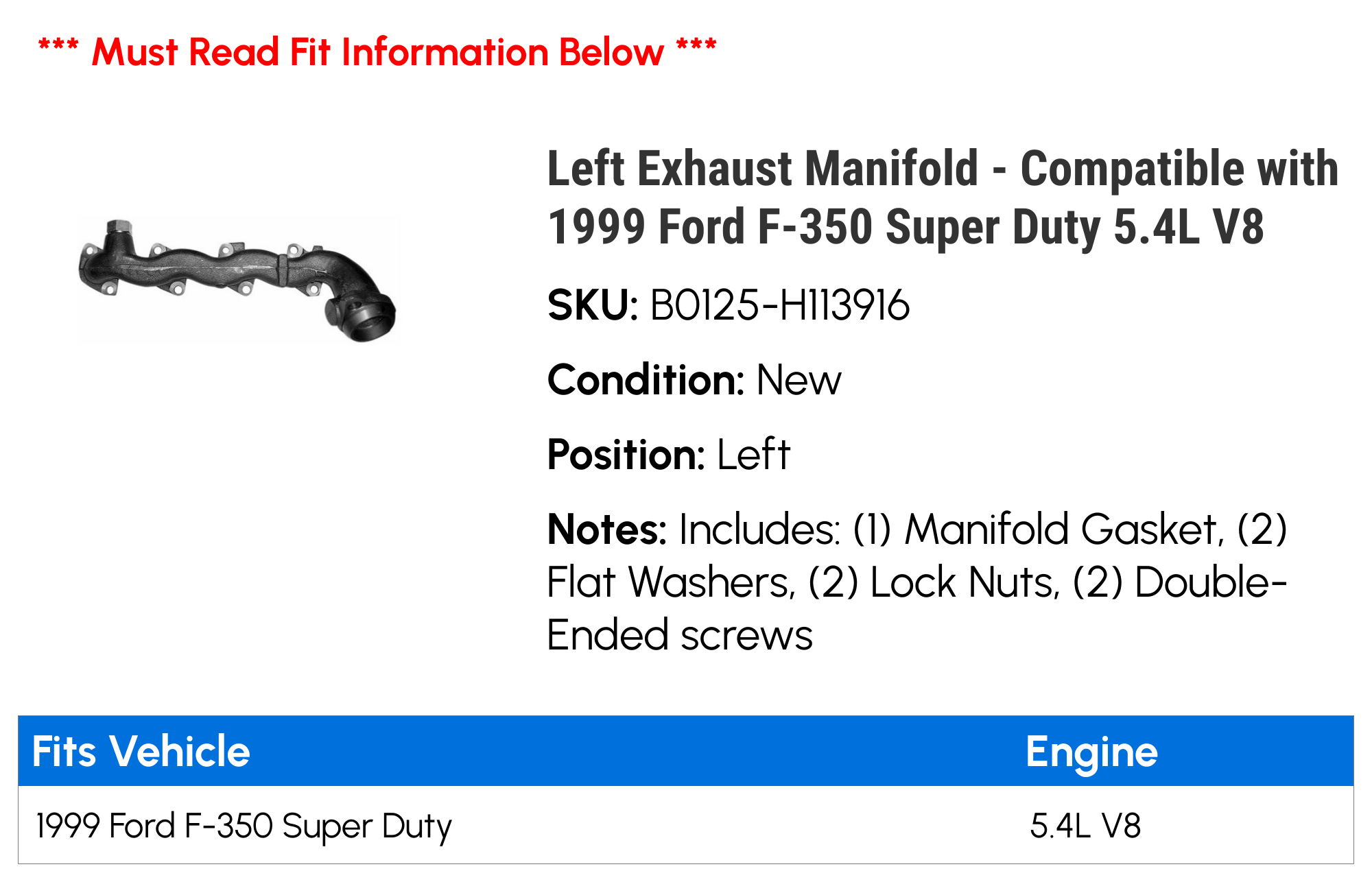Left Exhaust Manifold - Compatible with 1999 Ford F-350 Super Duty 5.4L V8