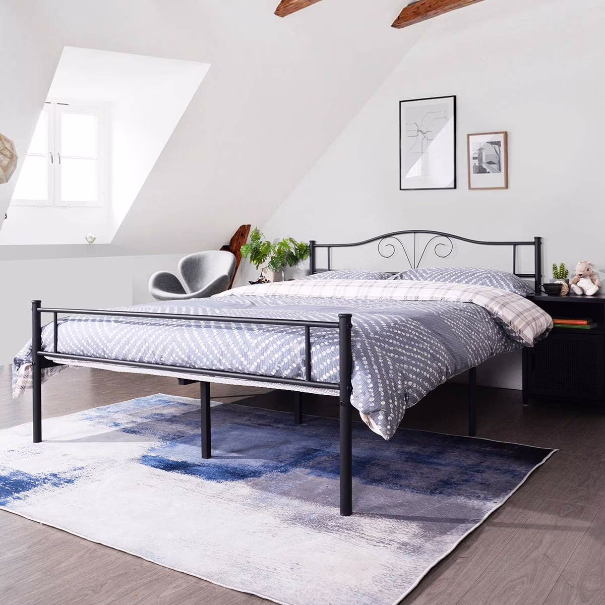 Heavy Duty Metal Full Size Bed Frame Steel Mattress Foundation Black Coated Headboard Single Bed, No Box Spring Needed Storage Needed