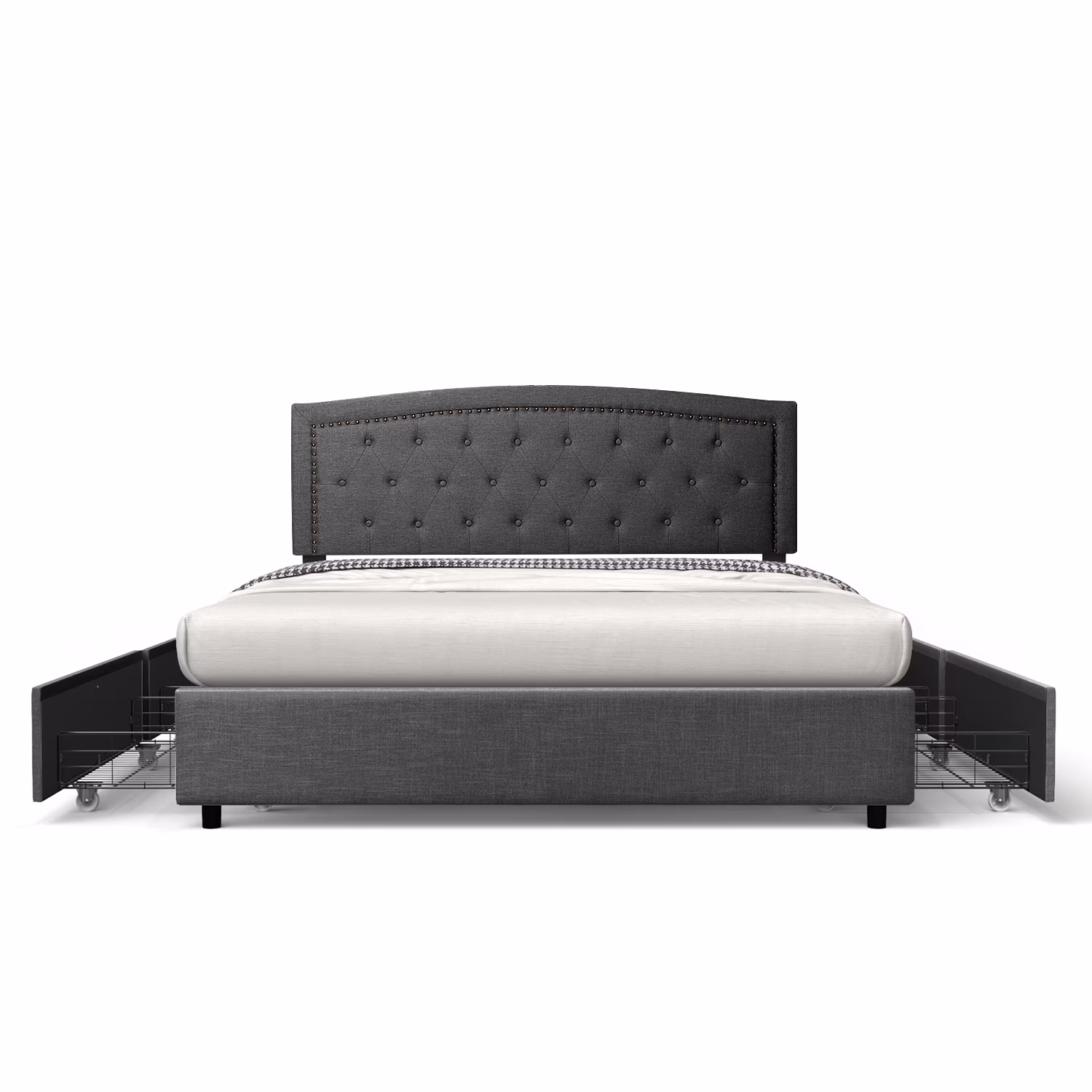 Full Size Storage Bed Frame Upholstered Low Profile Traditional Platform with Tufted and Nail Headboard/No Box Spring Needed/4 Pull Out Drawers/Dark Grey Linen Fabric…