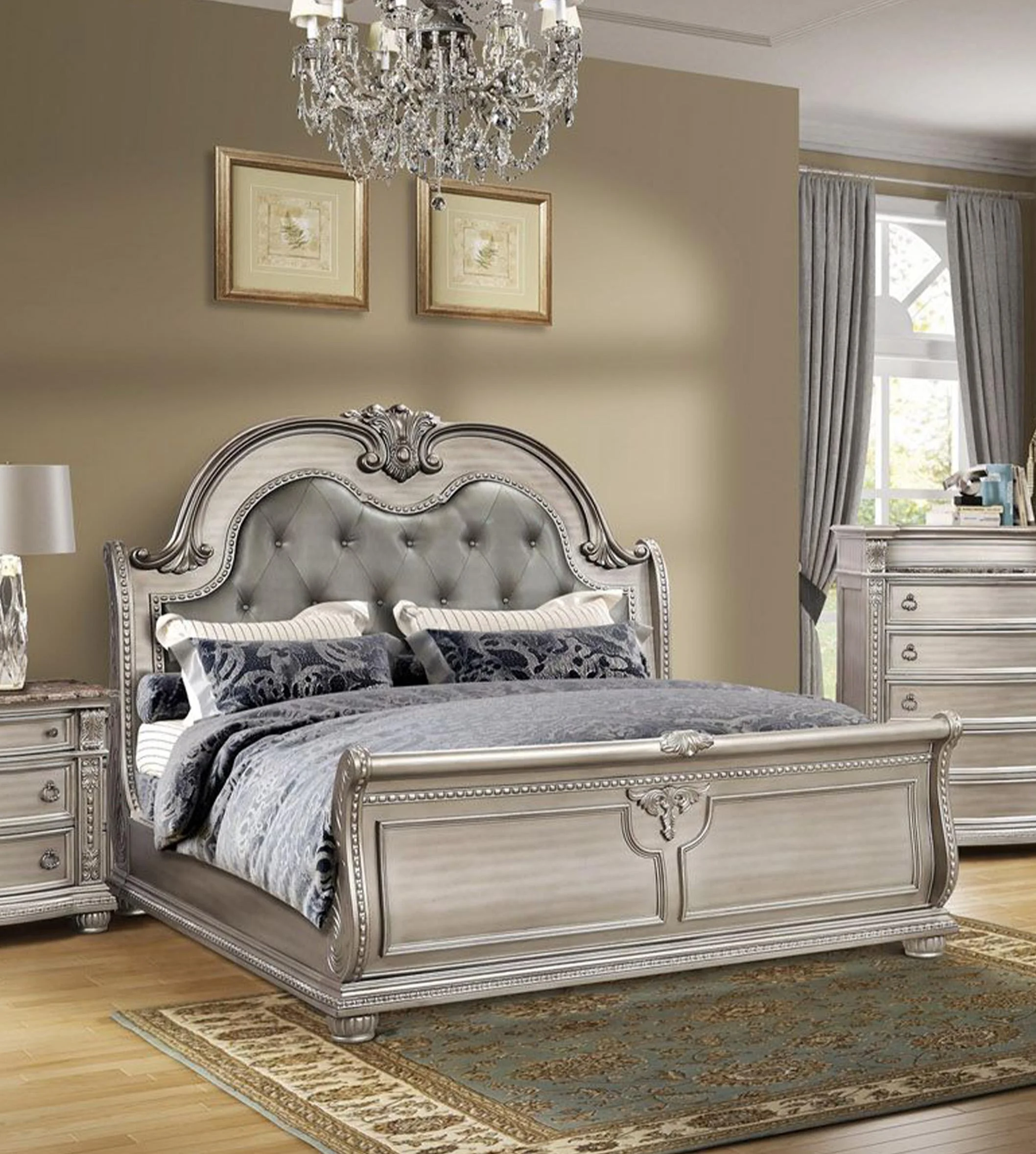 Antique Platinum Sleigh King Bedroom Set 6Pcs B9506 Mcferran Classic Traditional