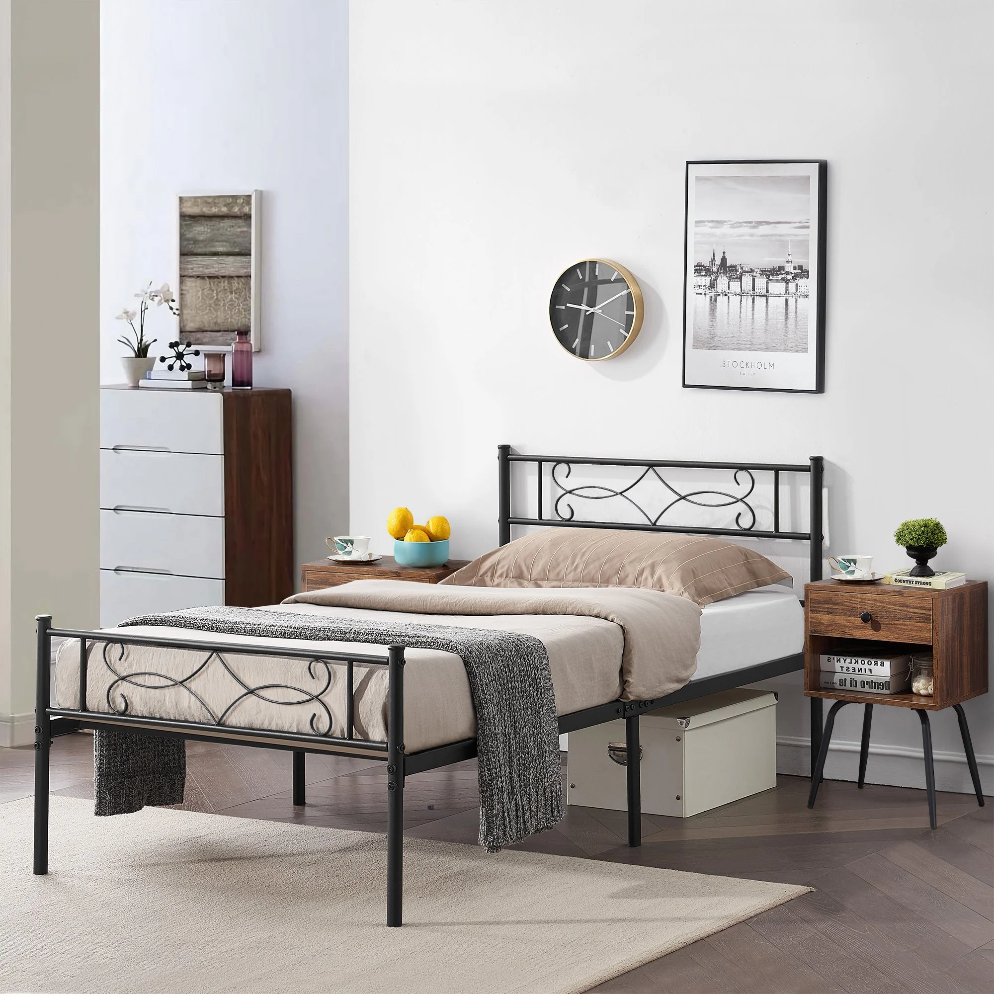 VECELO 3-piece Bedroom Set, Twin Size Metal Bed Frame and Nightstands