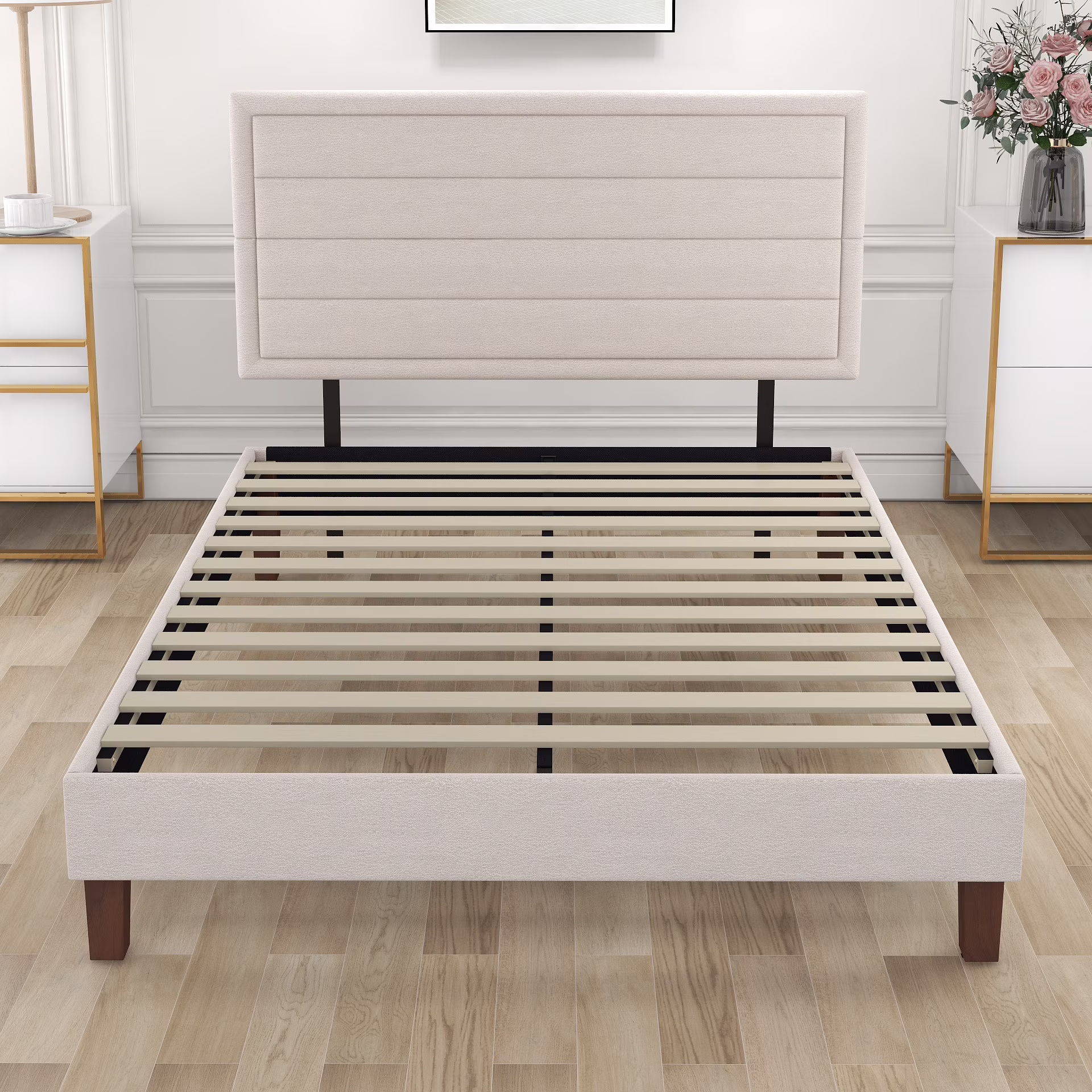 Queen Size Bed Frame, Fabric Upholstered Platform Bed Frame with Headboard, and Strong Wooden Slats, No Box Spring Needed, Easy Assembly, White
