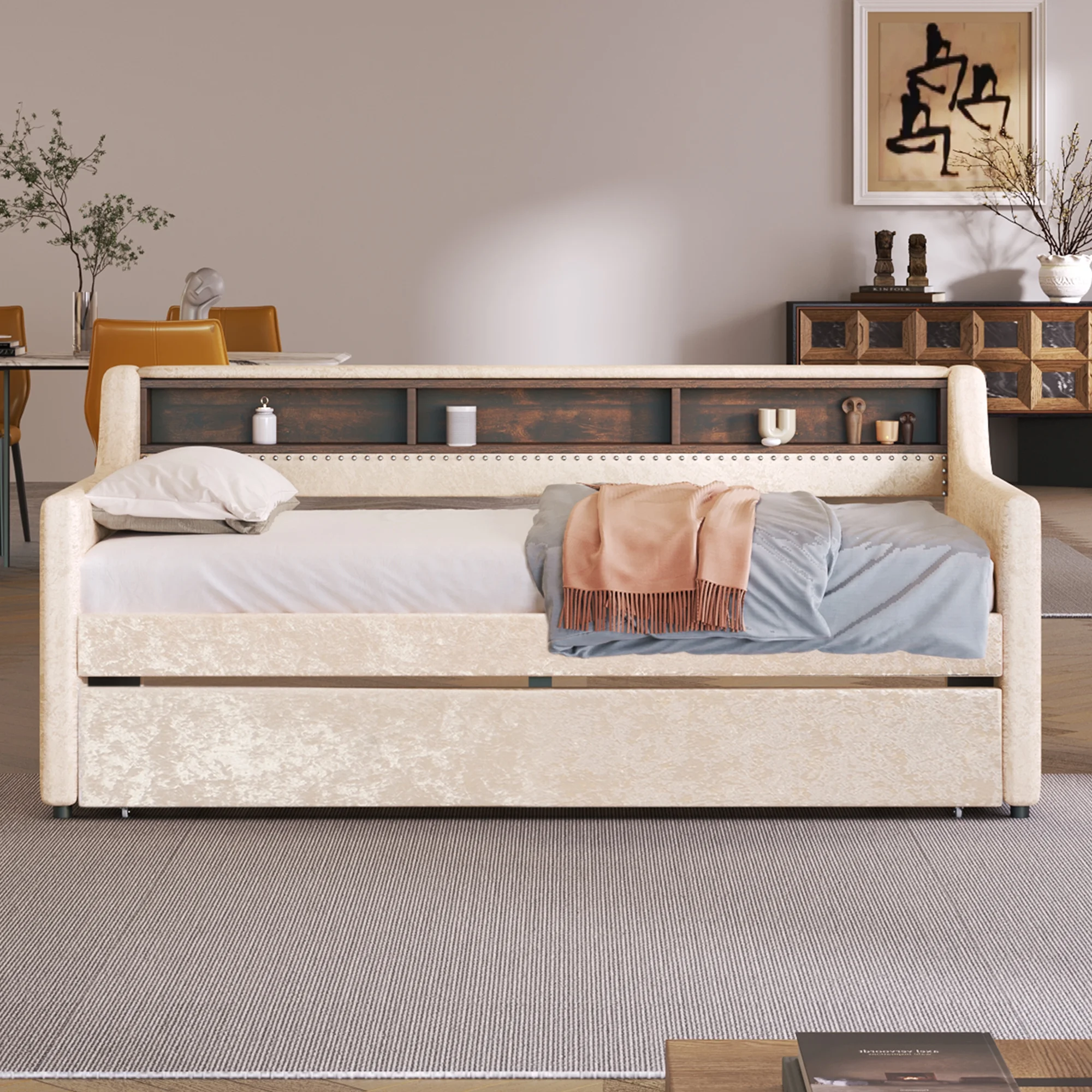 CoSoTower Twin Size Snowflake Velvet Daybed with Trundle and Built-In Storage Shelves,Beige