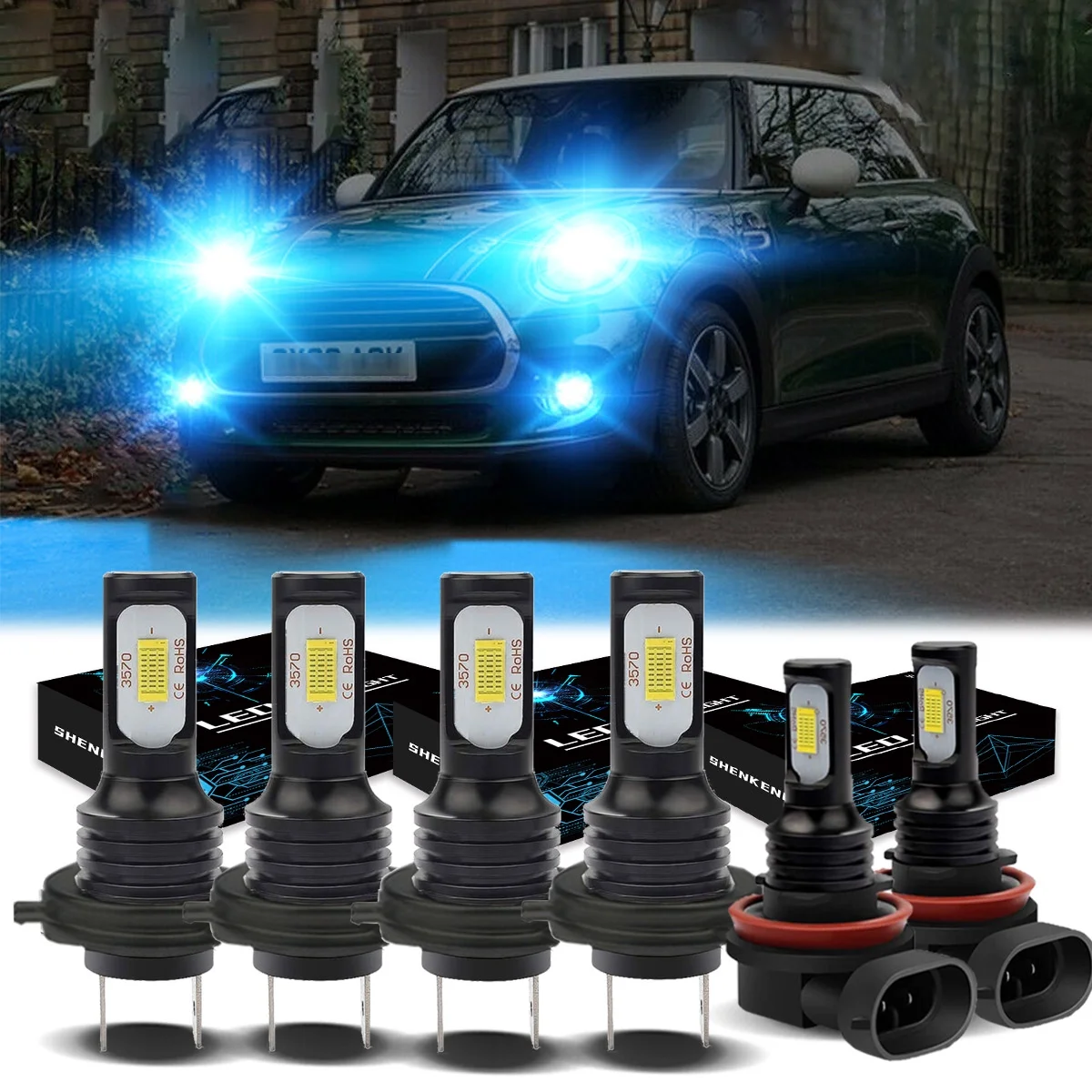 H7 Headlights for 2003-2008 Mini Cooper 8000K Ice Blue H7 High/ Low Beam H11 Fog light Bulbs,6pc