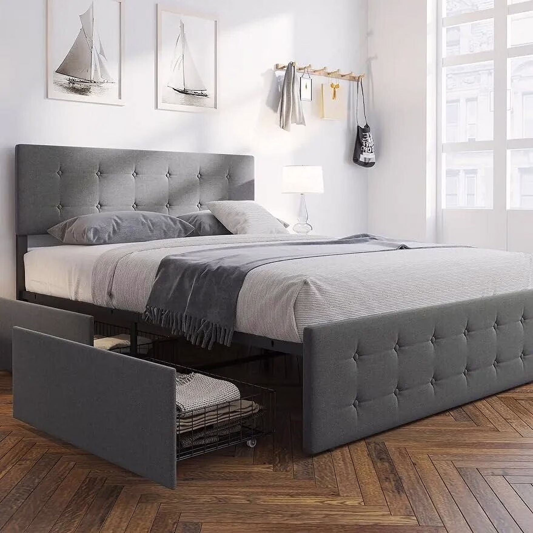 GAOMON Full Bed Frame with Storage, Grey Full Size Upholstered Bed Frame with 4 Drawers and Adjustable Tufted Headboard