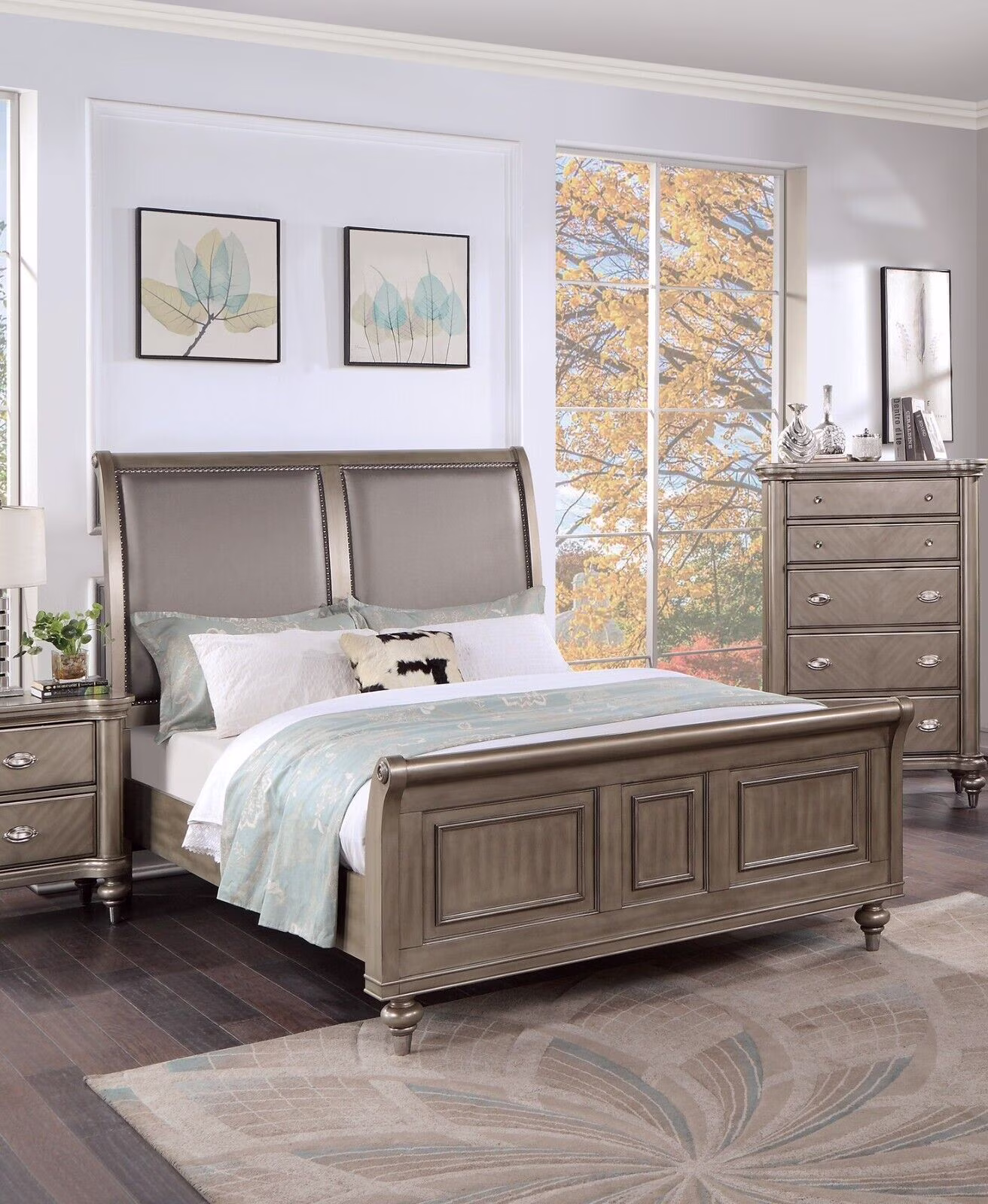 Queen Size Bed Upholstered HB 1pc Set Bedroom Furniture Luxury Classic Grey Finish Wooden Bedframe Unique Design FB