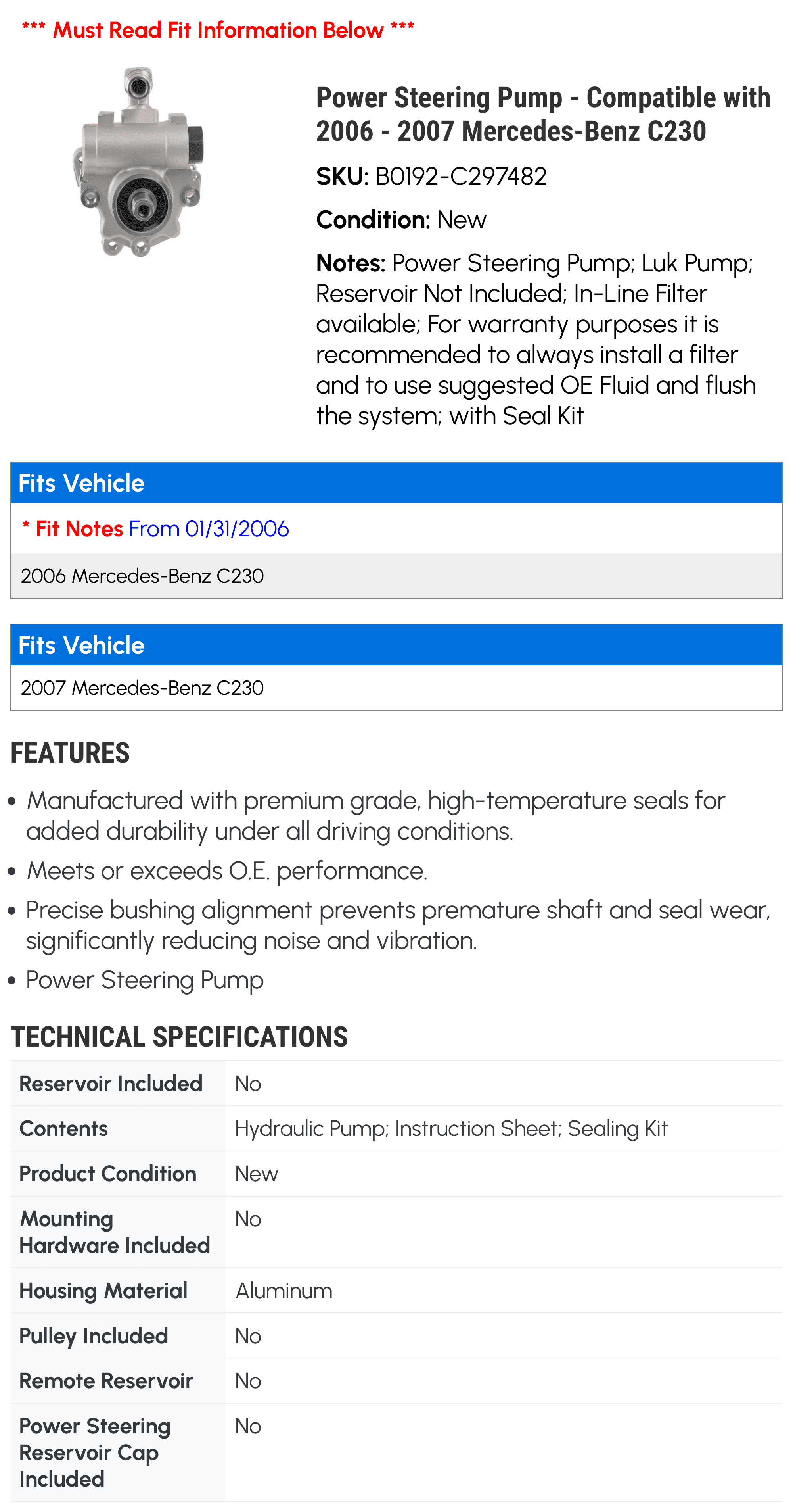 Power Steering Pump - Compatible with 2006 - 2007 Mercedes-Benz C230