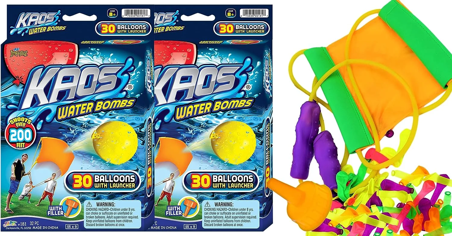 JA-RU KAOS Water Balloon Launcher Slingshot Toy (2 Launcher Set) w/ 30 Water Balloons. Long Range Water Bombs Catapult for Kids & Adults