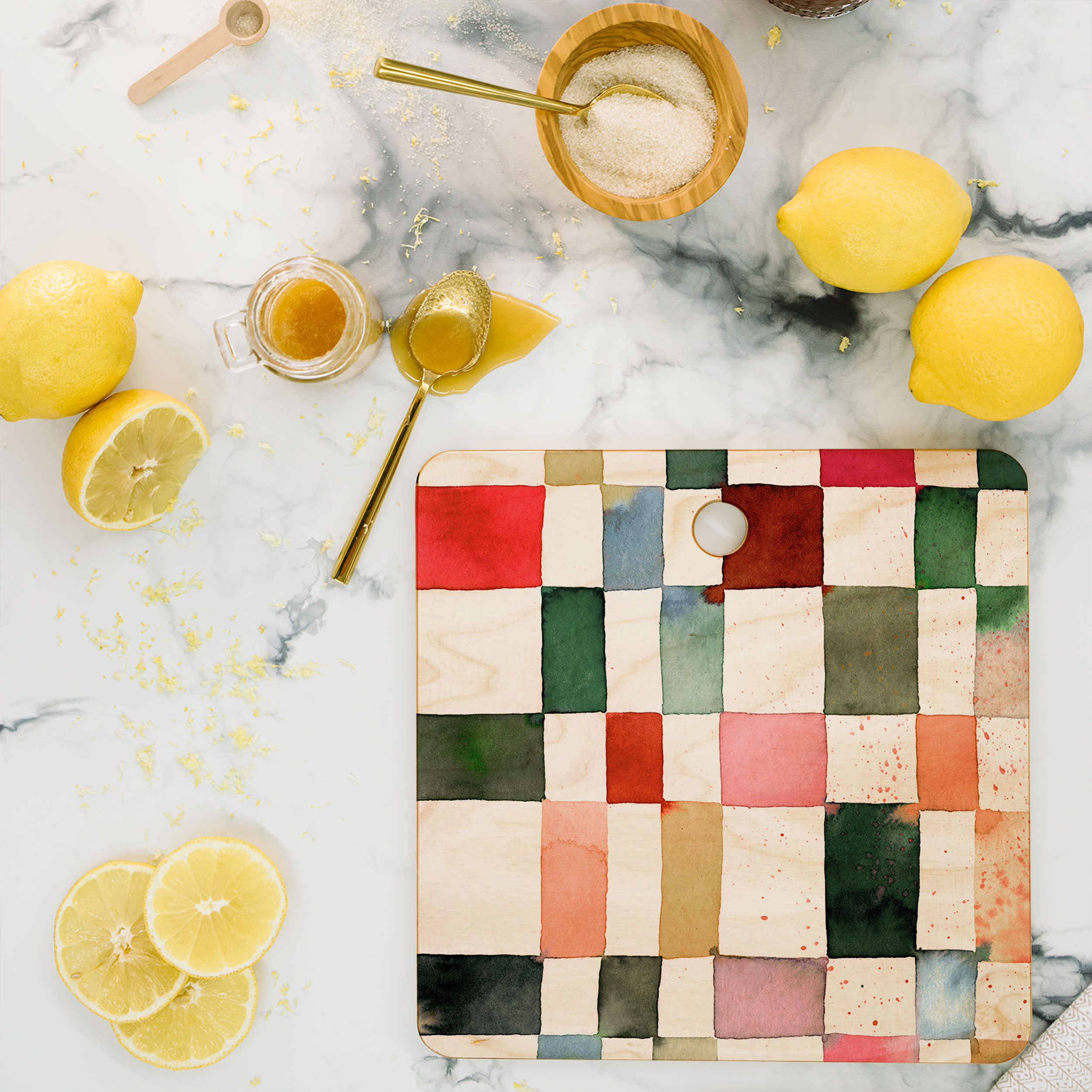 Society6 Ninola Design Watercolor Checker Yuletide Square Cutting Board