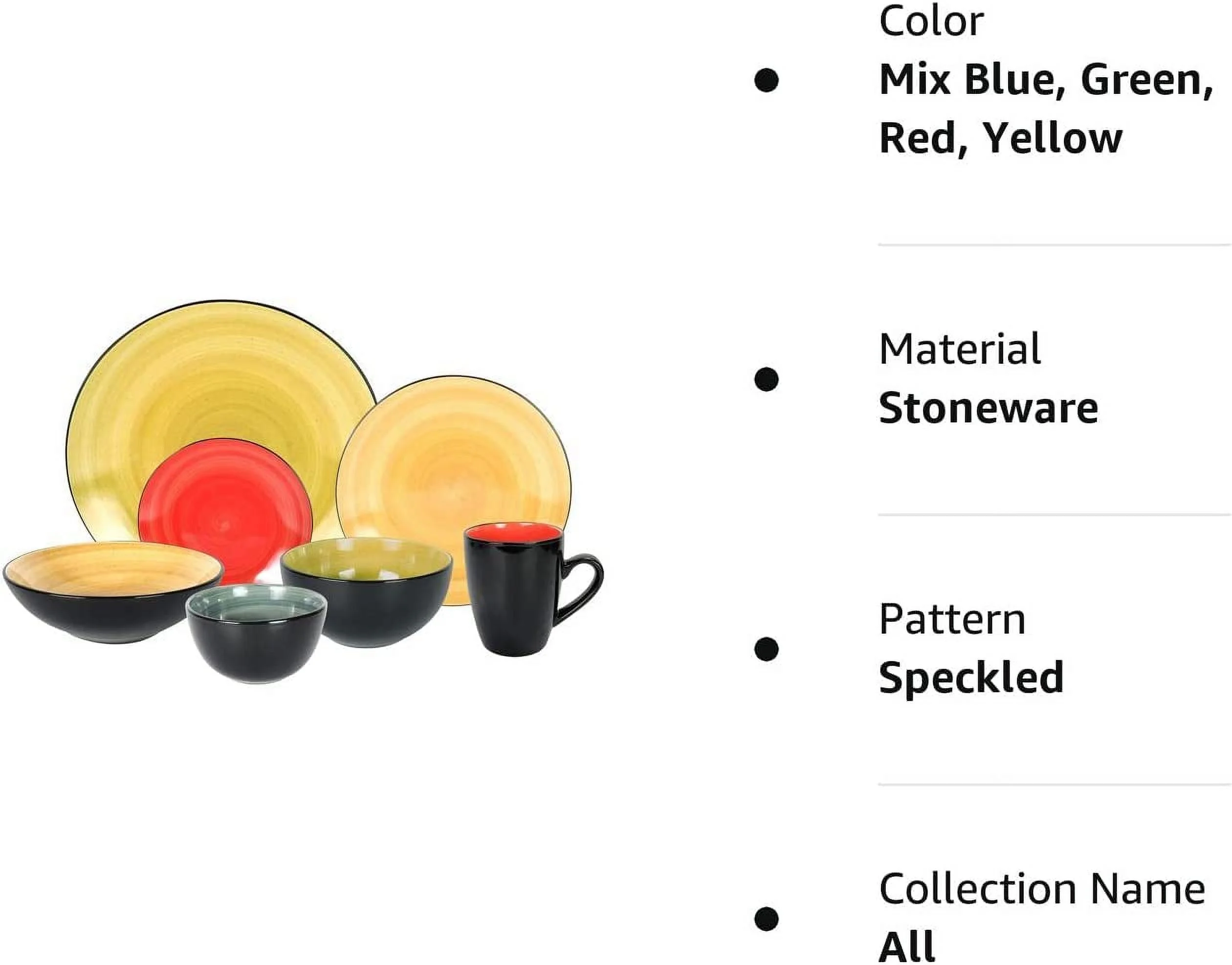 Stoneware Sonoma Dinnerware Set, Black + Speckled Spin Wash (56Pc Set, Mix Blue, Green, Red, Yellow)