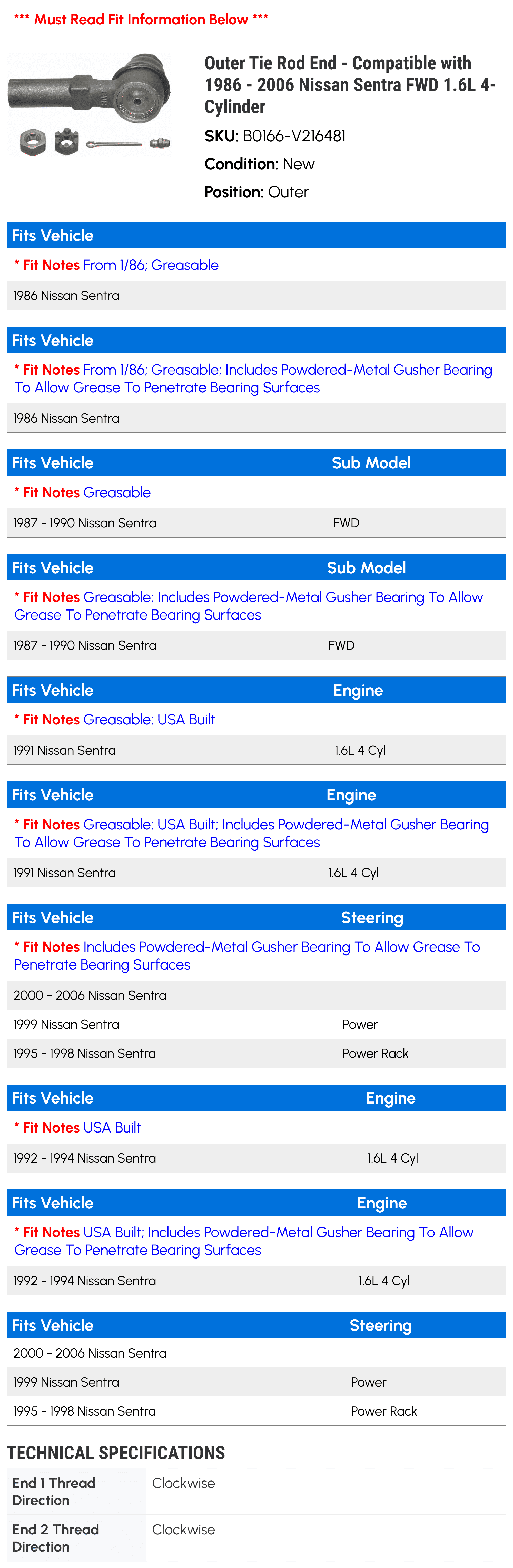 Outer Tie Rod End - Compatible with 1986 - 2006 Nissan Sentra FWD 1.6L 4-Cylinder 1987 1988 1989 1990 1991 1992 1993 1994 1995 1996 1997 1998 1999 2000 2001 2002 2003 2004 2005