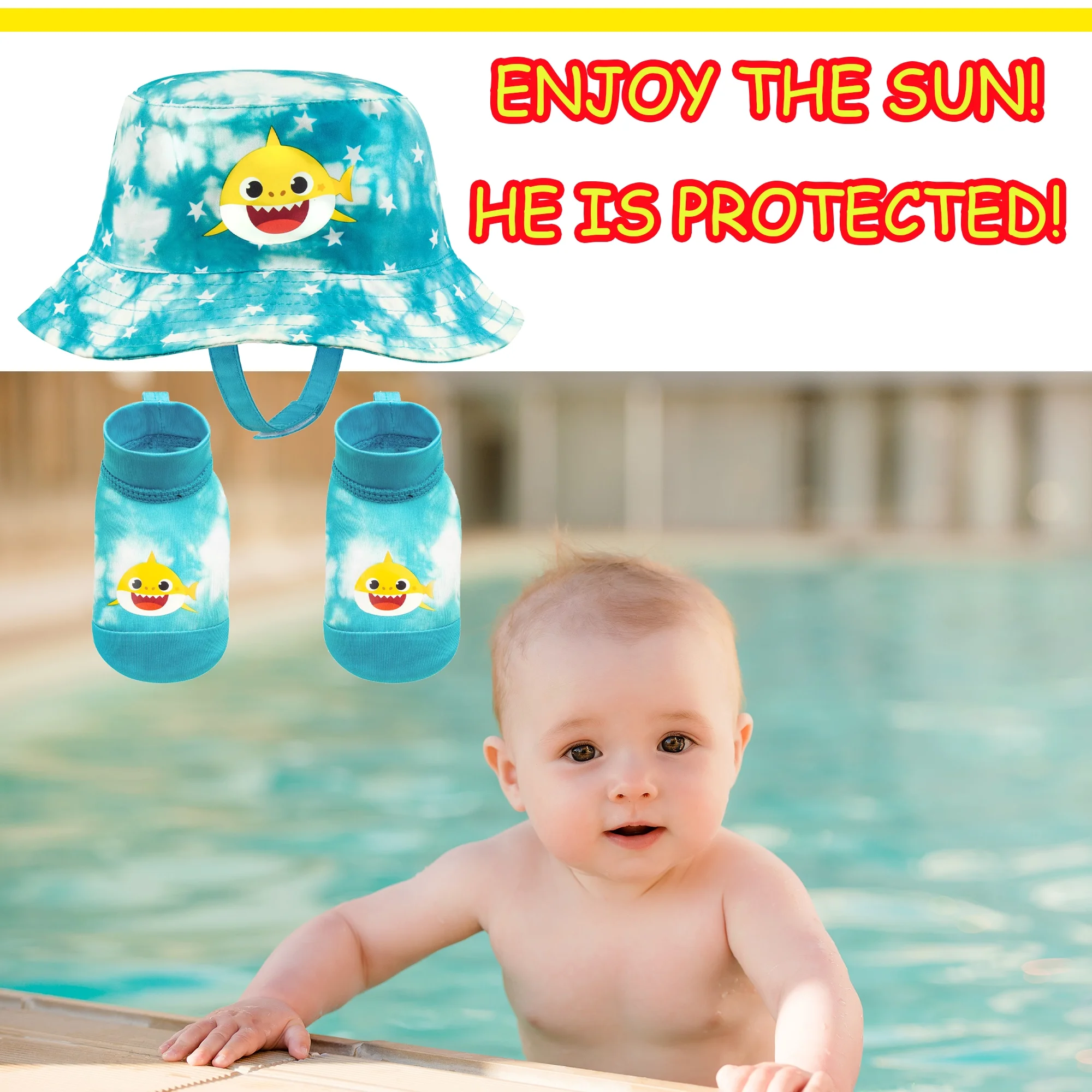Nickelodeon Baby Shark Bucket Hat and Swim Booties Set, Sun Protection UPF 50+ - Age 0-12 Months