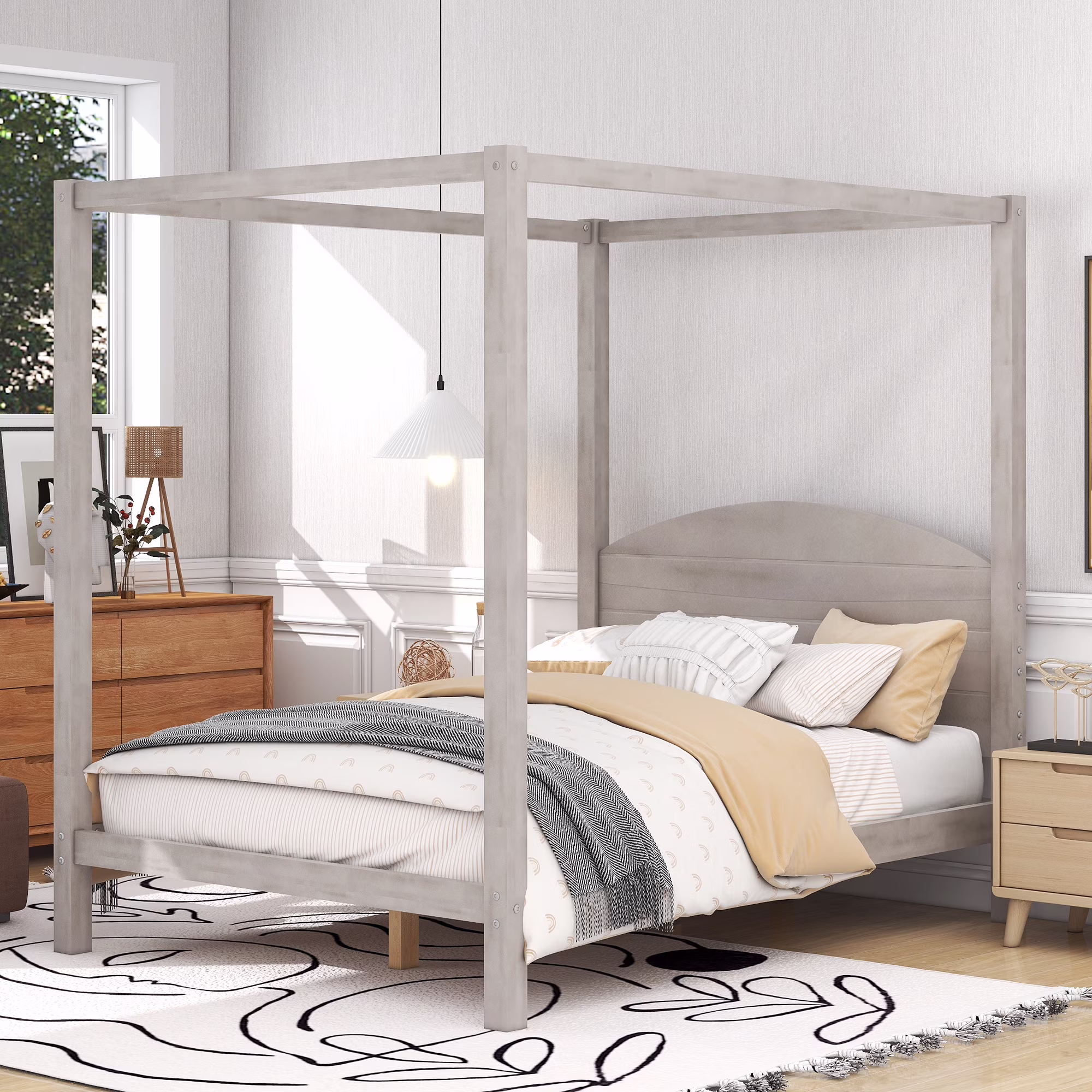 Full Size Canopy Platform Bed with Headboard and Support Legs,Grey Wash