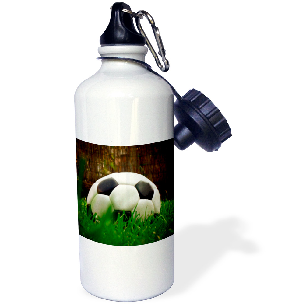 3dRose Black Soccer Ball, Sports Water Bottle, 21oz
