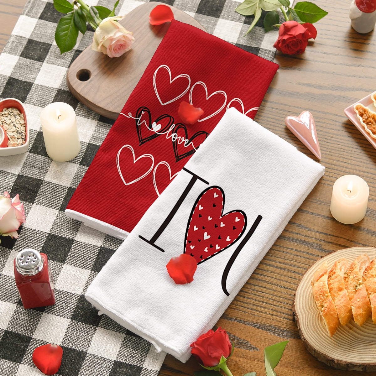 Artoid Mode Red Heart Love You Valentine Kitchen Dish Towels Set of 4, 18 x 26 Inch