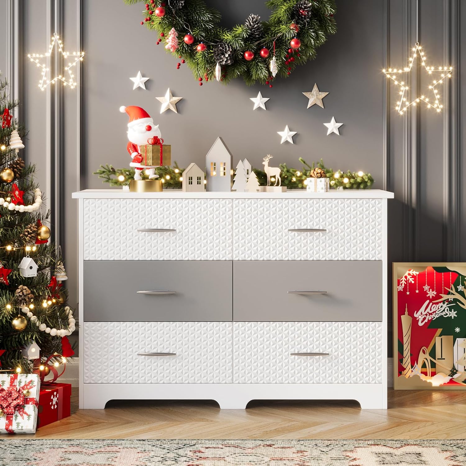 6 Drawer ,Chest with Wide Drawers and Metal ,Wood Storage Chest of Drawers for Bedroom, Large Drawers, Metal Handles Living Room,(White)