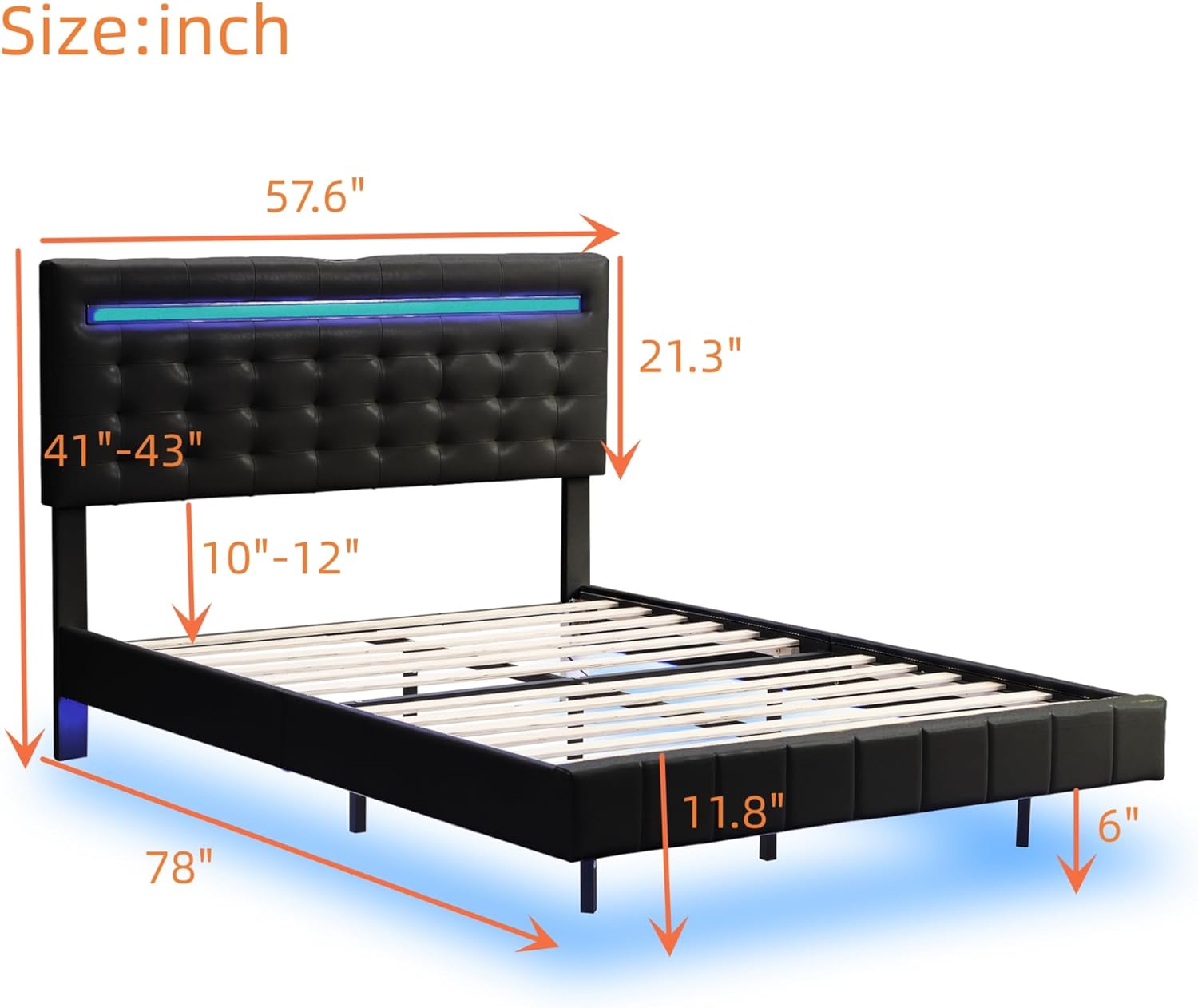 Full Size Floating Bed Frame with LED Lights and USB Charging,Modern Platform Bed Full Size PU Upholstered Platform LED Bed Frame