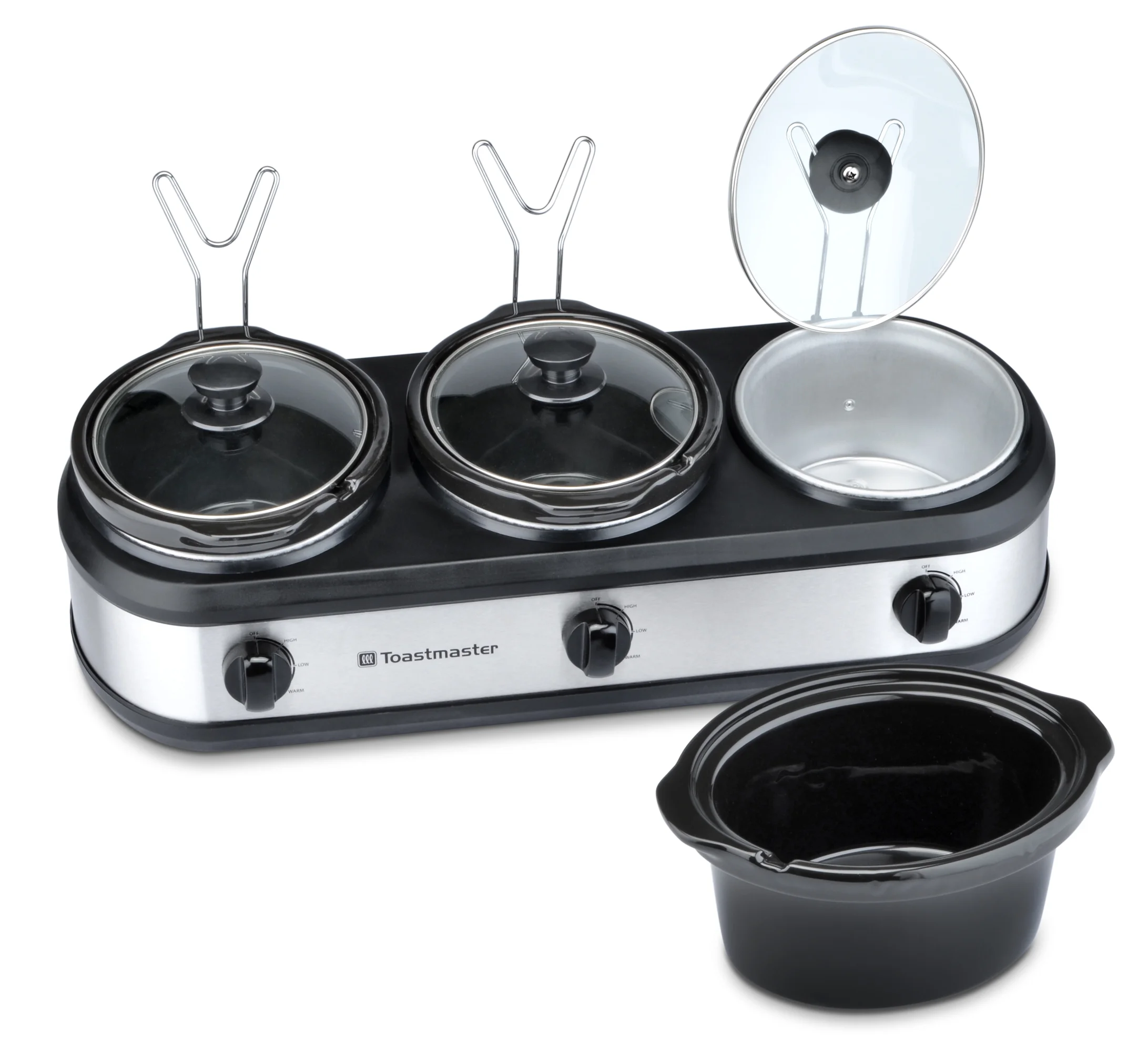 Toastmaster Triple 1.5 Qt Slow Cooker, Stainless Steel Buffet Server with Black Accents, Model TM-318BS