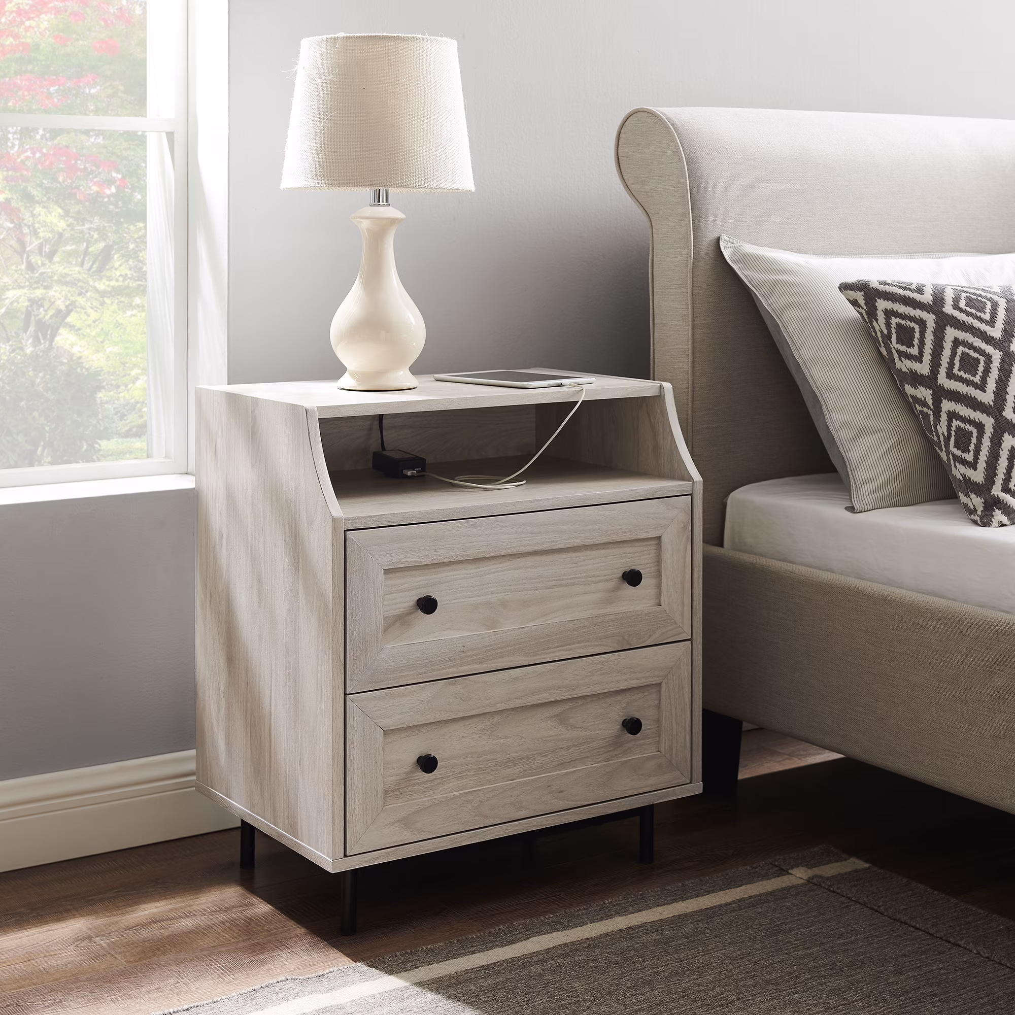 Walker Edison Modern 2 Drawer Nightstand with USB Port, Birch