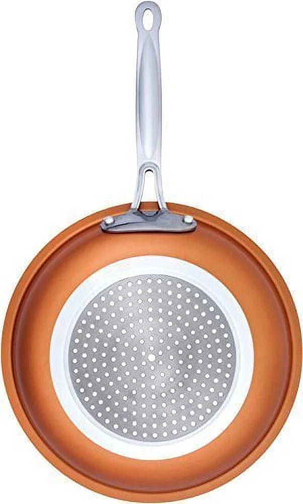 Copper Round Skillet Frying Pan Ceramic Non-Stick Fast Even Heating with Induction Bottom Oven Safe stainless Steel Handle No Oil/Butter Needed Wipes Clean & Dishwasher Safe (8 & 10 Inch combo set)