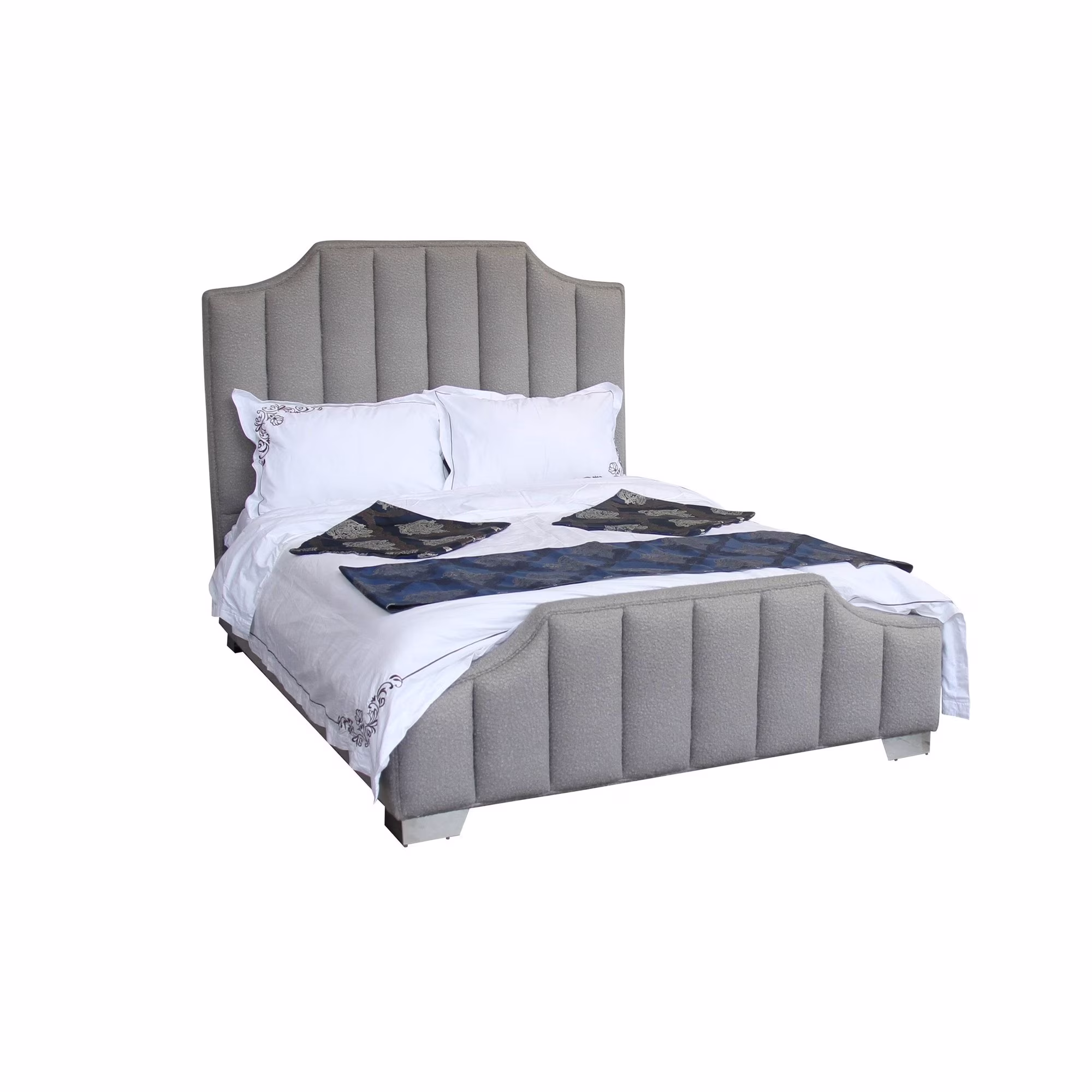 Modern Queen Bed, Polyester Fabric, Channel Tufted Drop Corner Panels, Gray