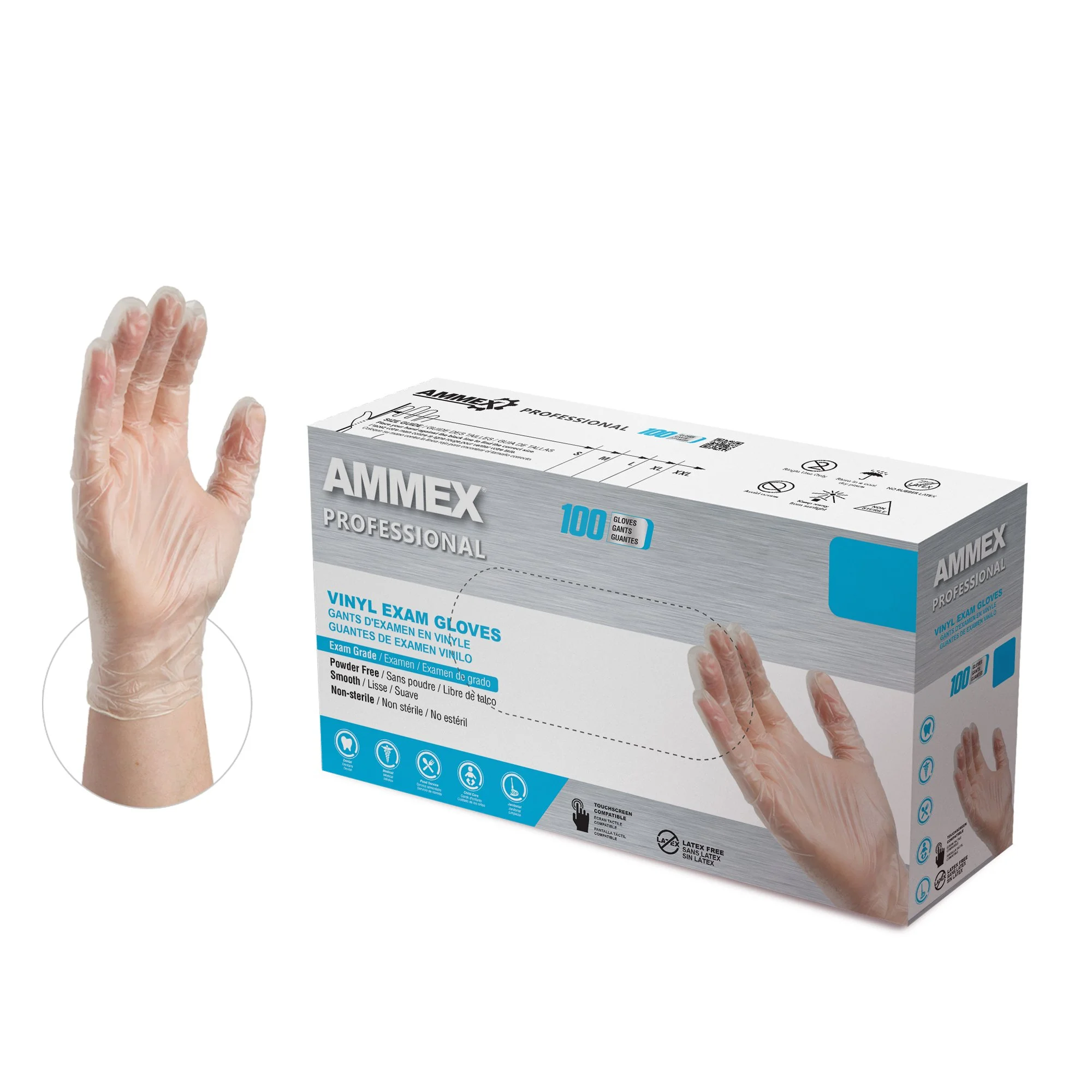 AMMEX Vinyl, Latex Free, Powder Free, Medical Disposable Gloves, Large, Clear, 1000/Case