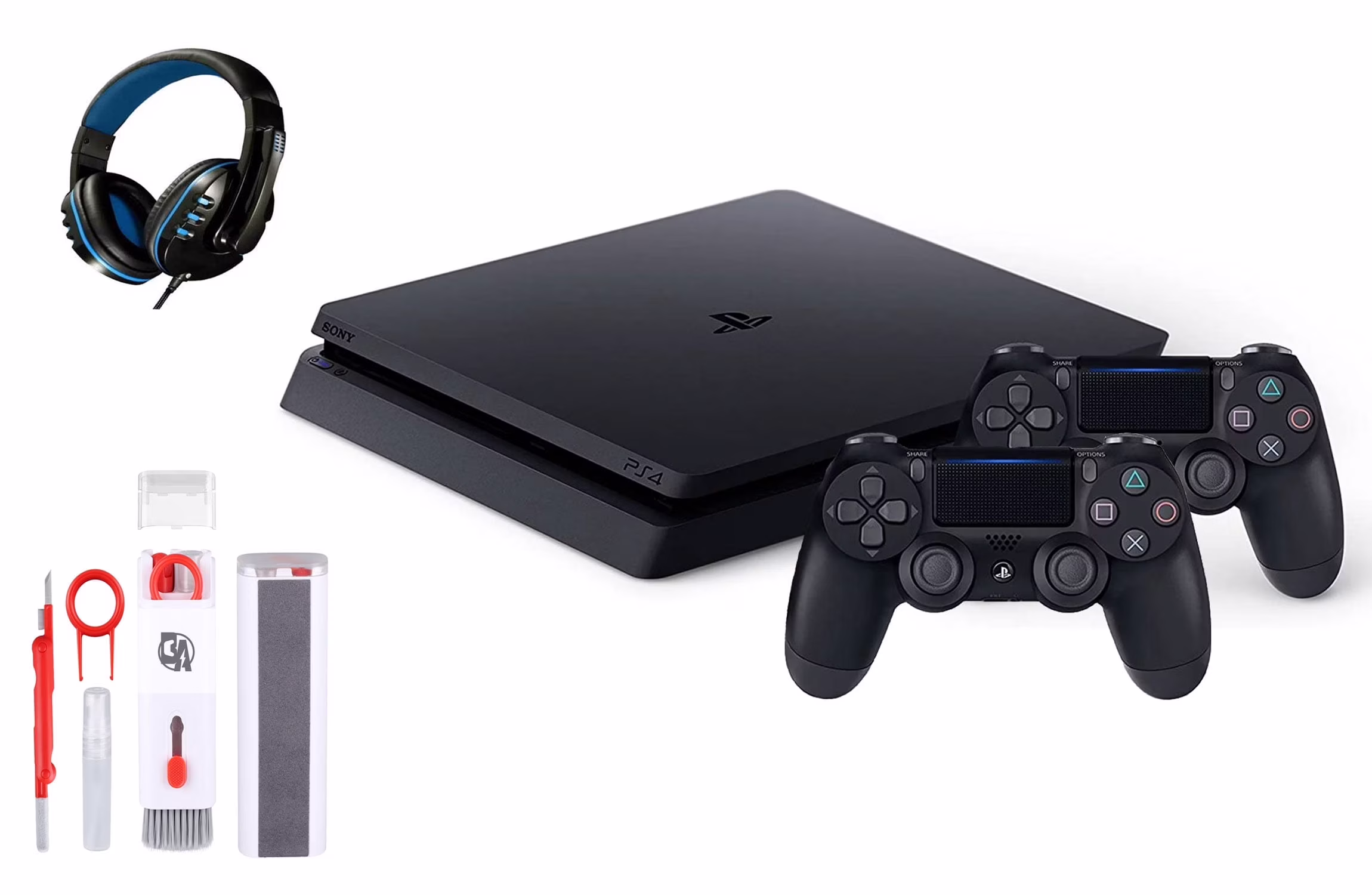 Sony 2215B PlayStation 4 Slim 500GB Gaming Console Black, Headset 2 Controller With BOLT AXTION Cleaning Kit Bundle Like New