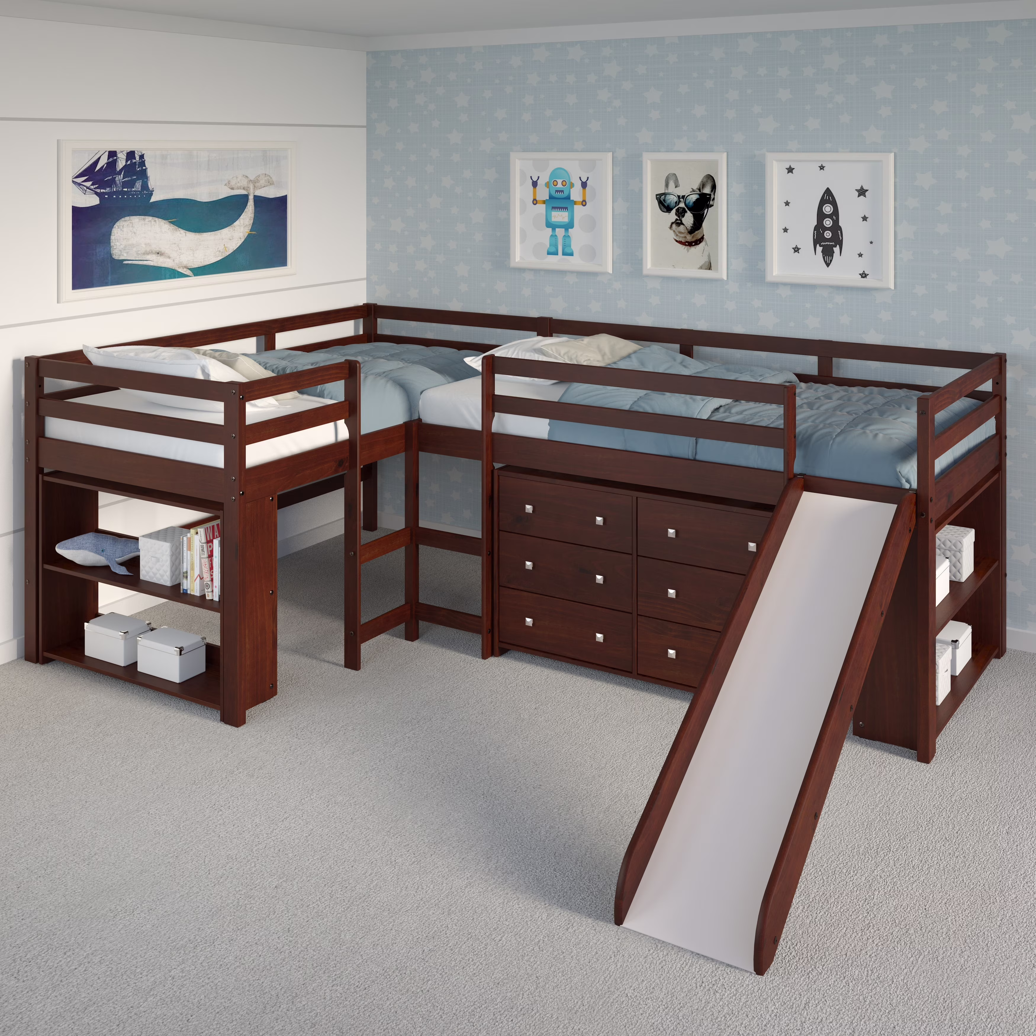 Double Twin L-Shaped Slide Loft Bedroom Set in Dark Cappuccino With 6 Drawer Chest and 2 Bookcases Dresser and Two Bookcases Cappuccino Finish