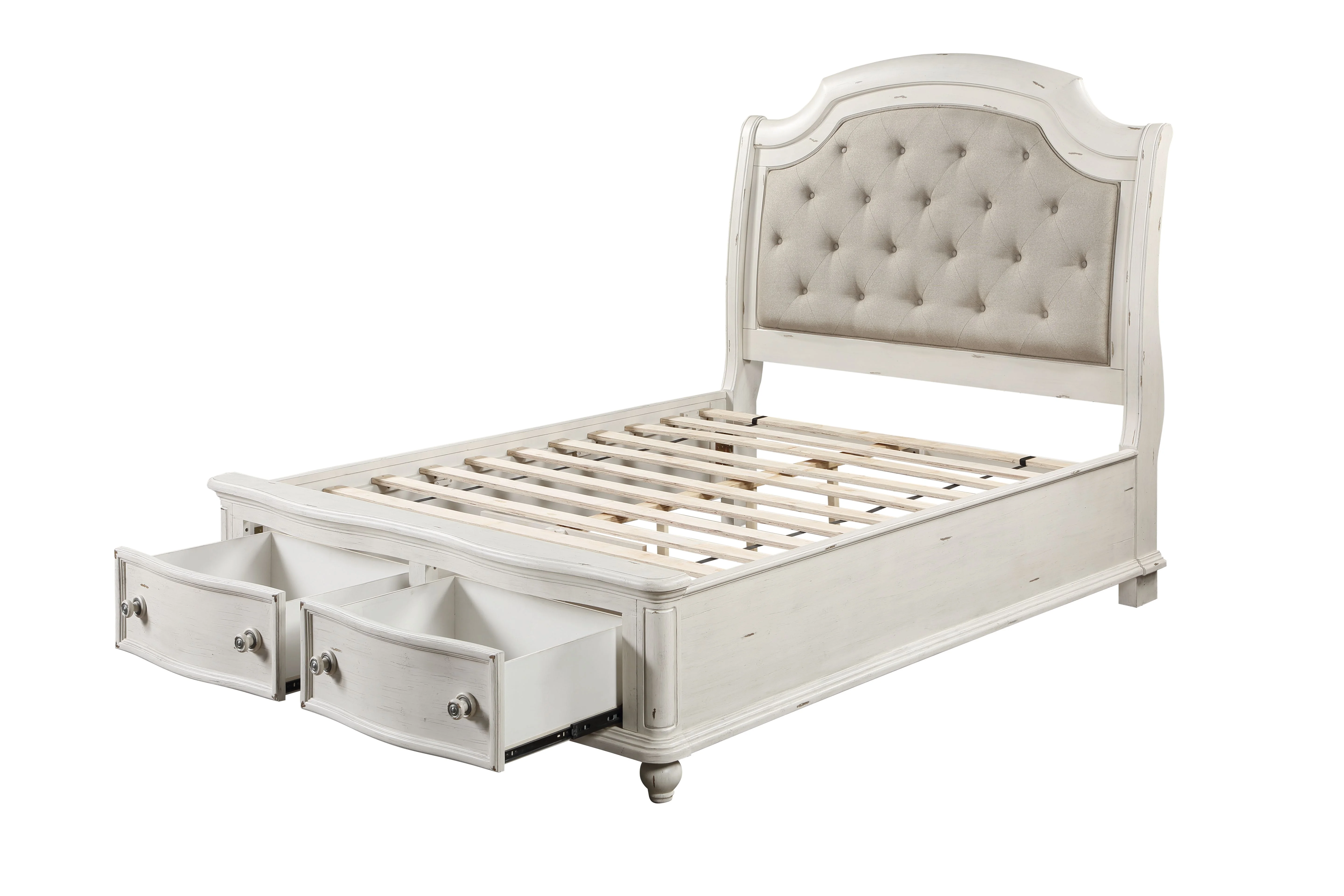 Acme Furniture Jaqueline Eastern King Bed in Light Gray Linen & Antique White Finish