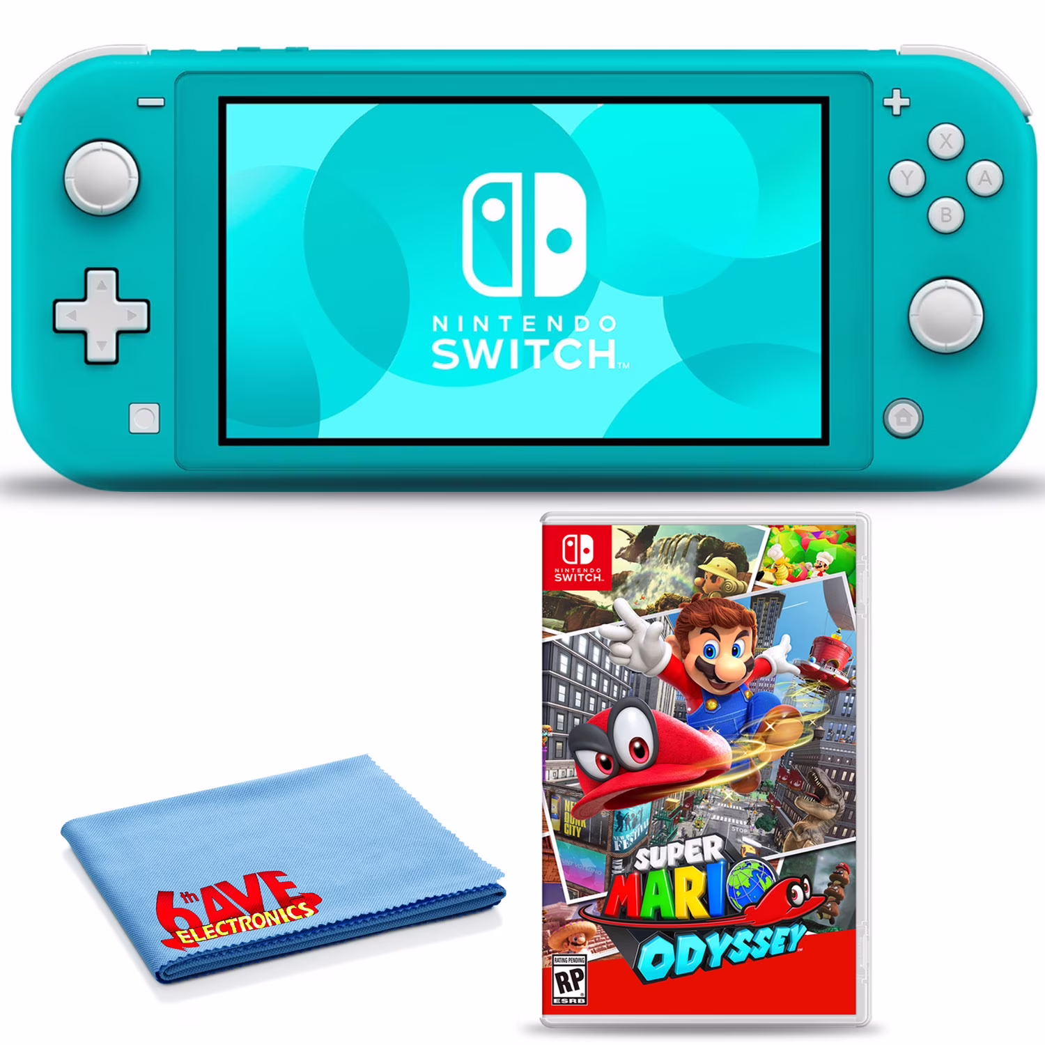 Nintendo Switch Lite (Turquoise) Bundle with Super Mario Odyssey and 6Ave Cloth
