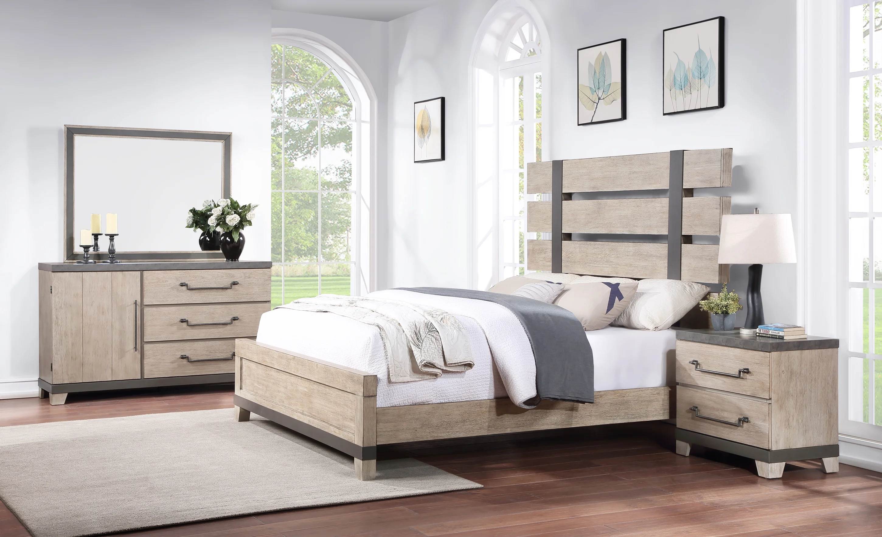 Arbela Wood Slatted Panel Bed with Dresser, Mirror, Nightstand, and Chest, Queen, Weathered Oak Finish