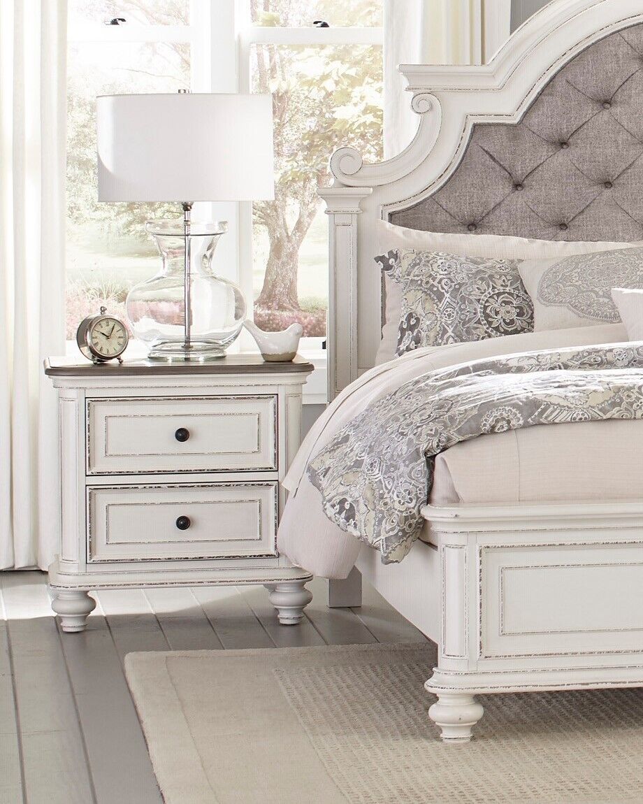 Traditional Curves Design 5pc Bedroom Set Queen Size Bed Button-Tufted Headboard Nightstand Dresser Chest Mirror