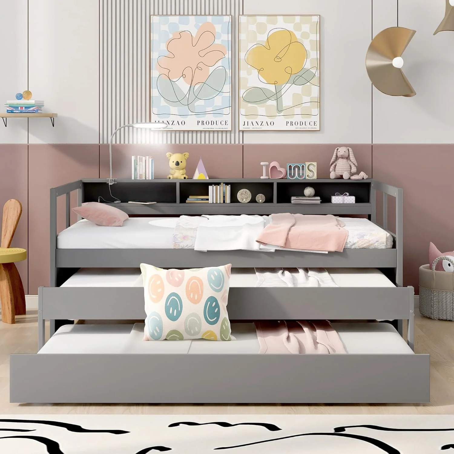 XL Daybed With 2 Trudles, 3 Storage Cubbies, Portable Light Ad USB Chargig Port, Solid Wood Sofa Bed Frame For Livig Room, Bedroom, Apartmet, Grey