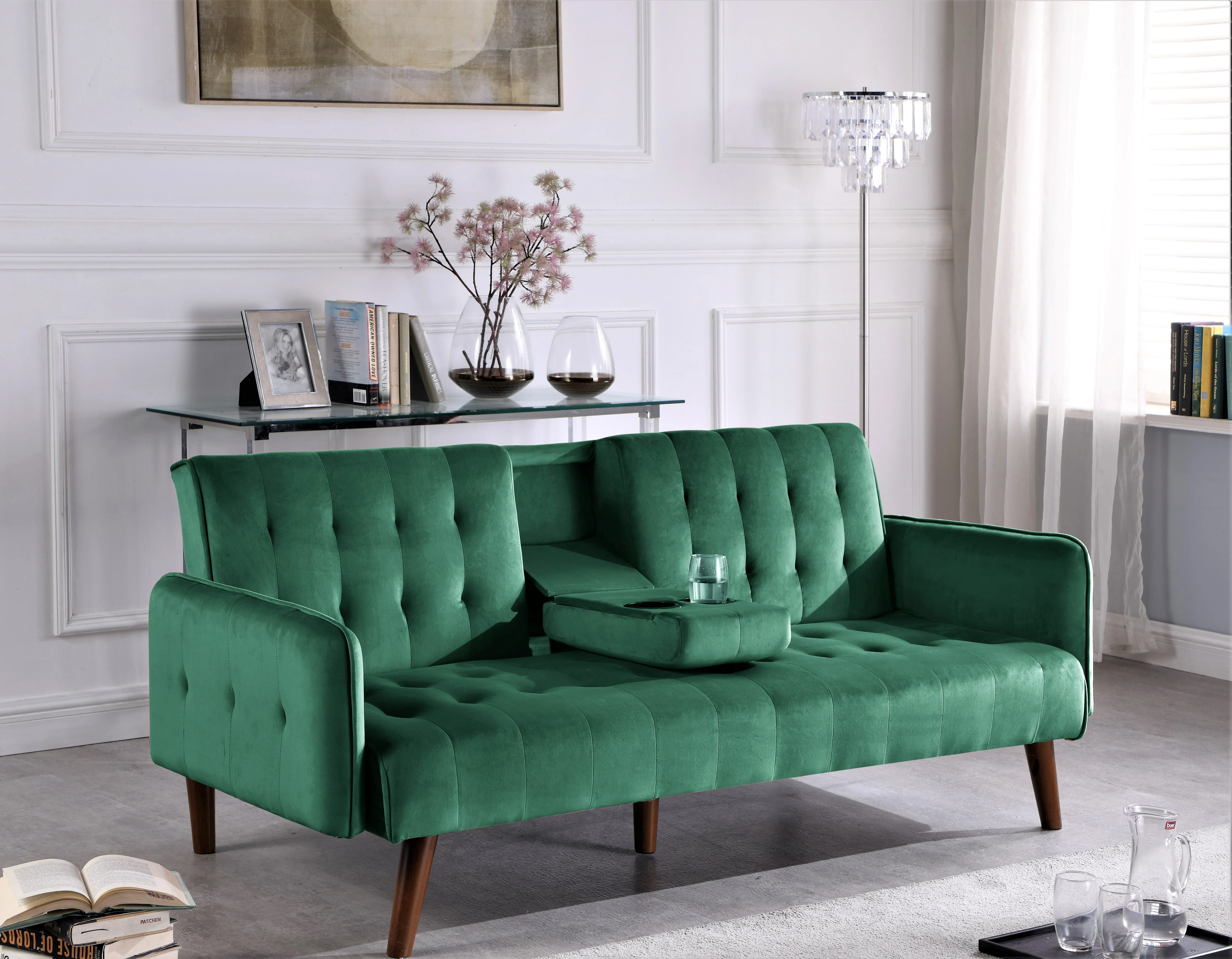 Uspridefurniture Beniamino 78'' Velvet Square Arm Sleeper, Green