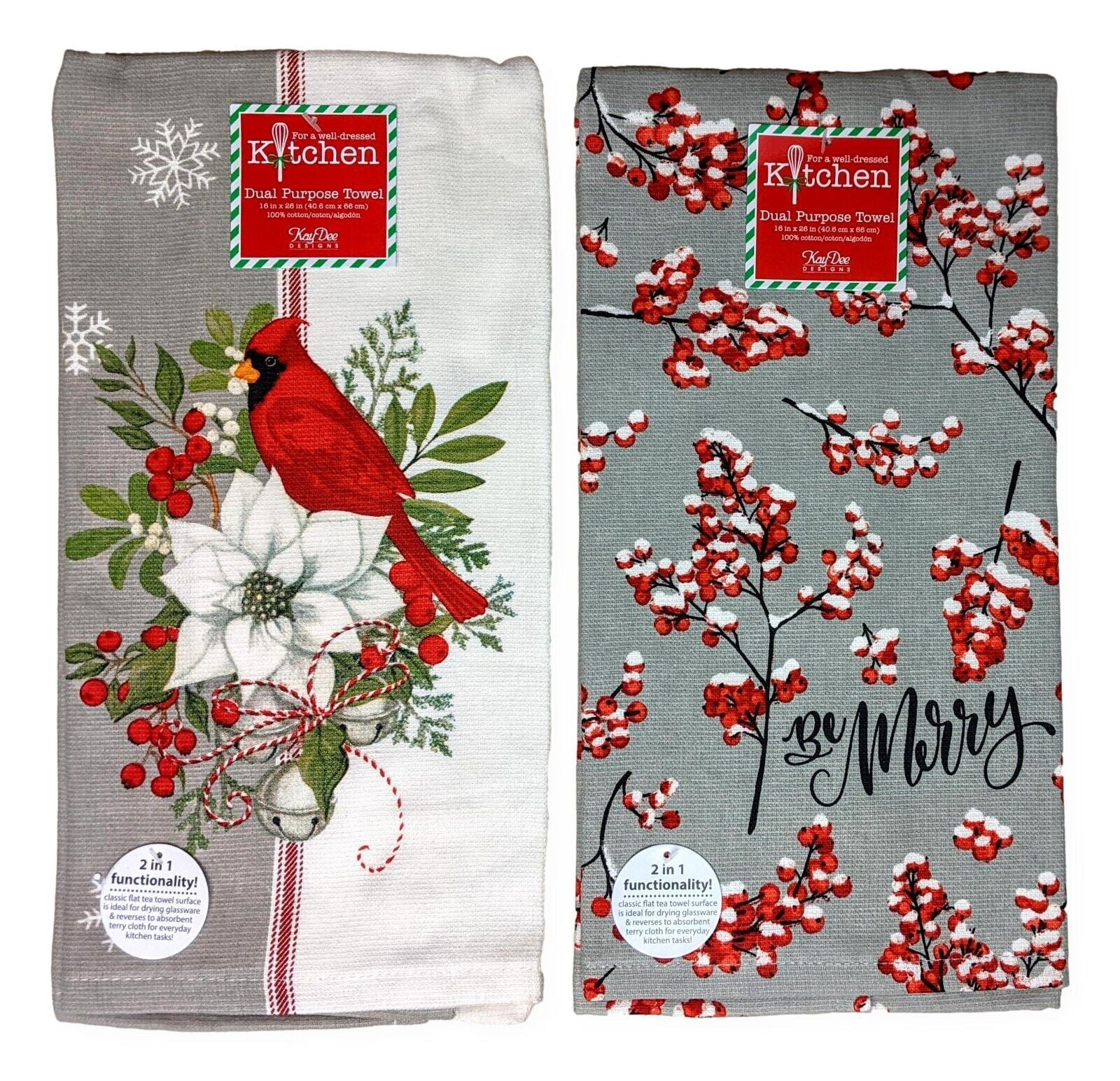 Set of 2 WINTERBERRY Christmas Terry Kitchen Towels by Kay Dee Designs