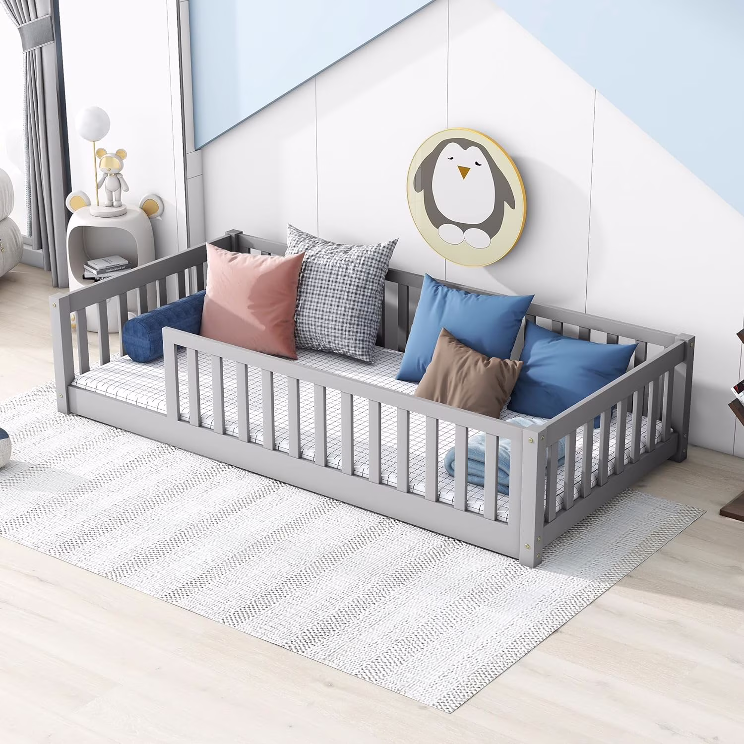 Floor Bed Wih Fence, Wooden Monessori Plaform Bed Frame For Kids, Boys Girls, Slas Included, No Box Spring Needed ( Size, Gray)